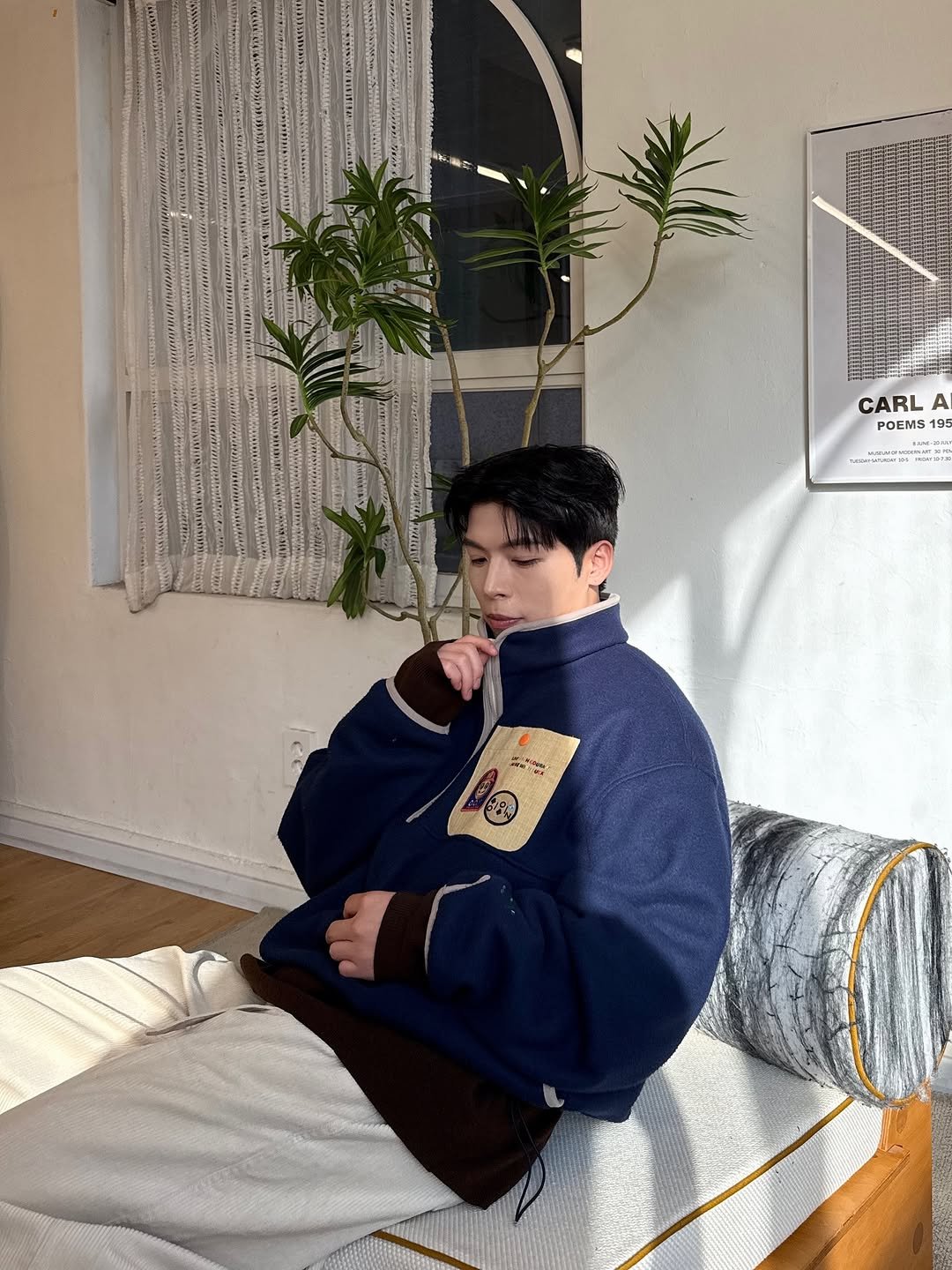 Photo shared by Daeheon Kang on November 14, 2025 tagging @oon119_. May be an image of macrame, house plant, sweater, turtleneck and text.