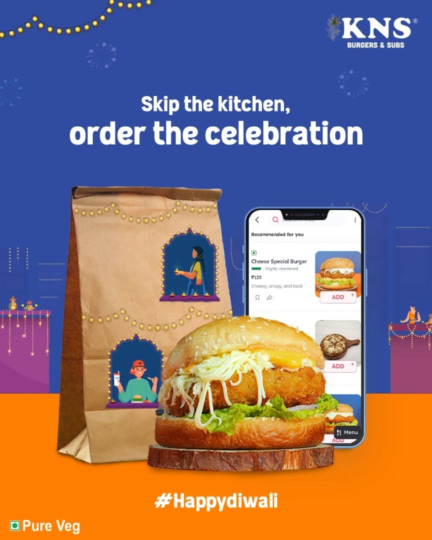 Photo by KNS Official on October 21, 2025. May be an image of ‎burger and ‎text that says '‎KNS BURGERS BURGERS&SUBS & SUBS Skip the kitchen, order the celebration < a Recommendedforyou for you 0 CheeseSpecialBurger Cheese Special Burger sandered P125 crspy,andoid خلا ロ ٣ ٢ ADD ADD 11 Menu DD Pure OPureVeg Veg #Happydiwali‎'‎‎.