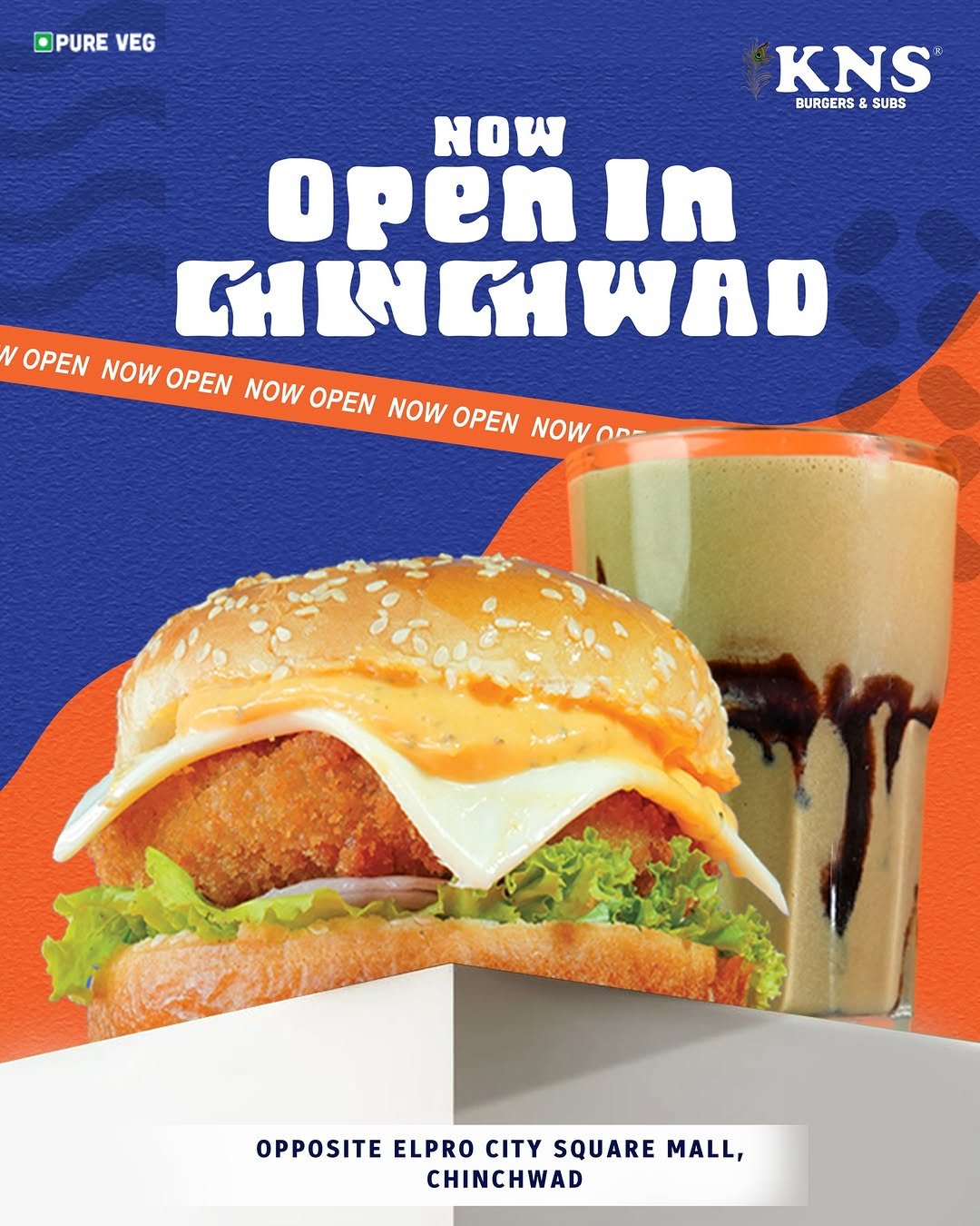 Photo by KNS Official on August 08, 2025. May be an image of chicken, burger, poster and text that says 'PURE PUREVEG VEG KNS BURGERS BURGERSSUBS & SUBS NOW open tn N OPEN NOW SINCHWAD OPEN NOW OPEN OPENNOWOPEN NOW OPEN NOW NOWOn o0 OPPOSITE ELPRO CITY SQUARE MALL, CHINCHWAD'.
