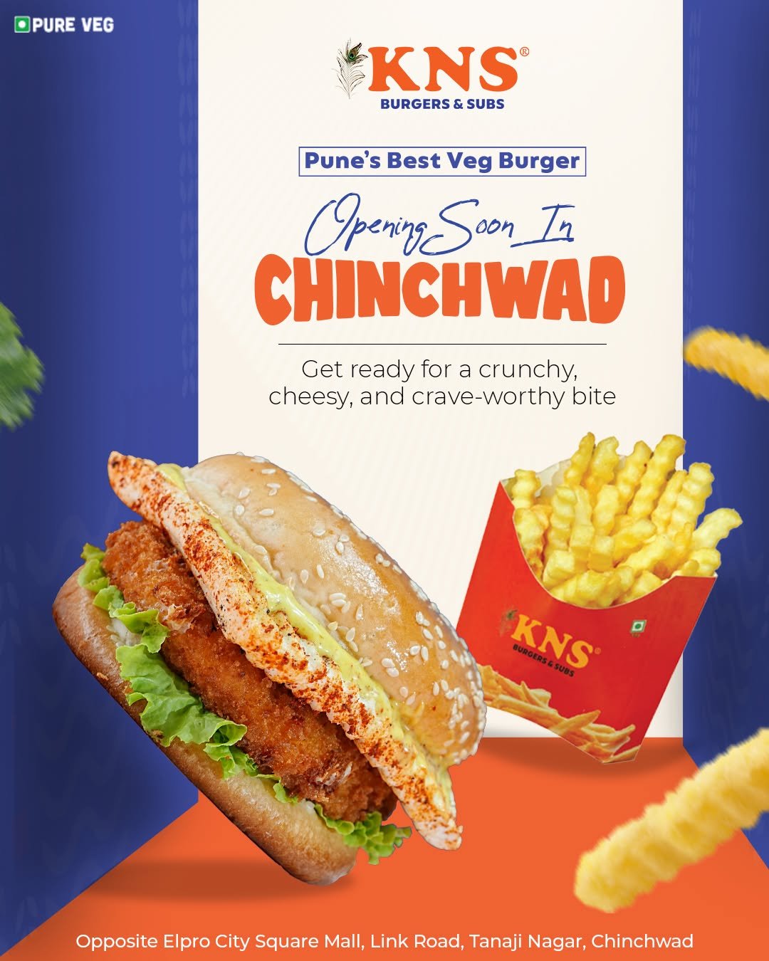 Photo by KNS Official on July 29, 2025. May be an image of chicken, fish and chips, burger, poster, french fries and text that says 'PURE VEG KNS® BURGERS BURGERS&SUBS & SUBS Pune's Best Veg Burger OperingSoonI I Opening Soon CHINCHWAD Get ready for a crunchy, cheesy, and crave-worthy bite 'KNS BURGERSE RGED FREL SUBS Opposite Elpro City Square Mall, Link Road, Tanaji Nagar, Chinchwad'.
