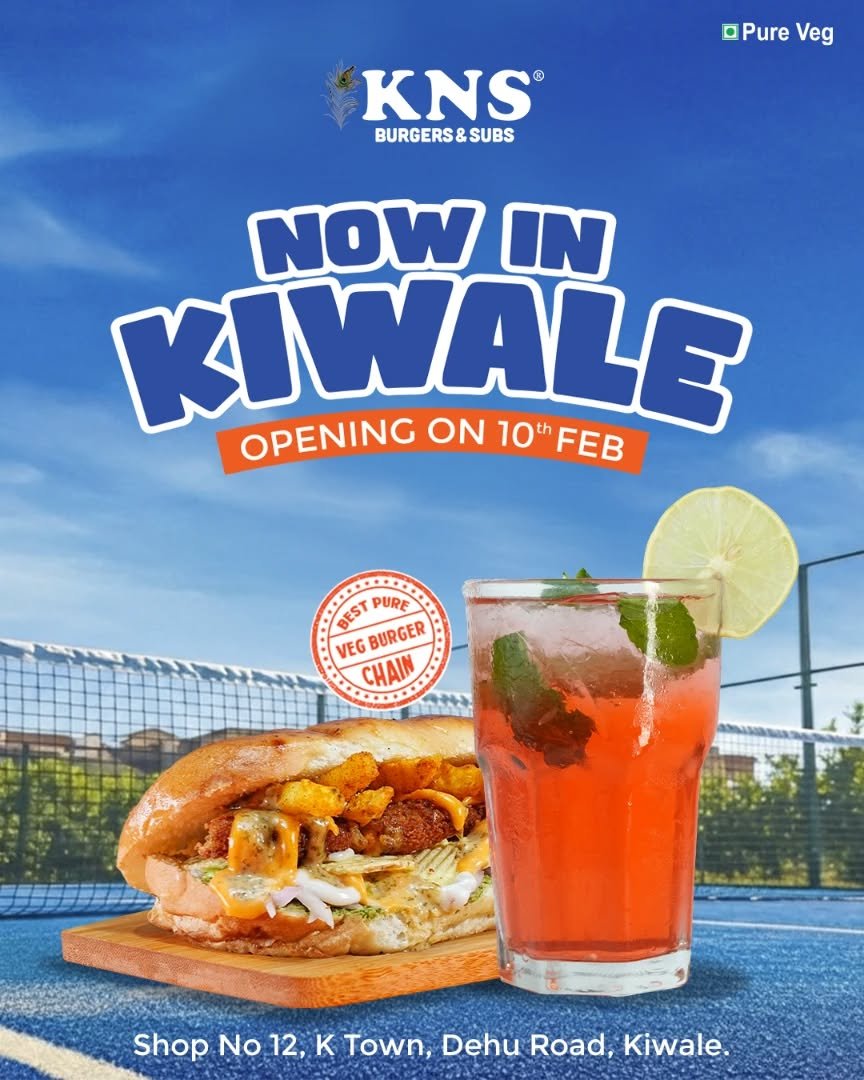Photo by KNS Official on February 08, 2026. May be an image of sandwich and text that says 'OPureVeg a Pure Veg KNS® BURGERS&SUBS SUBS NOW IN KIWALE 10th FEB OPENING ON DEST PURE VEGBURGER VEG CHAIN CHAIN BURGER Shop No 12, K Town, Dehu Road, Kiwale.'.