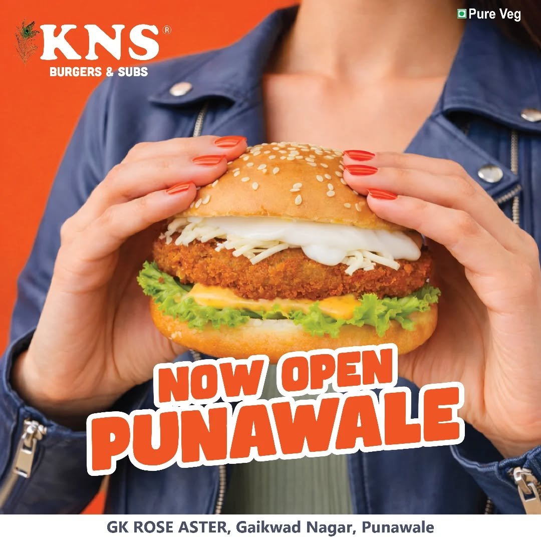 Photo by KNS Official on March 19, 2026. May be an image of chicken, burger, french fries, cutlet and text that says 'KNS BURGERS BURGERS&SUBS SUBS PureVeg Pure Veg PUNAWALE NOW OPEN GK ROSE ASTER, Gaikwad Nagar, Punawale'.