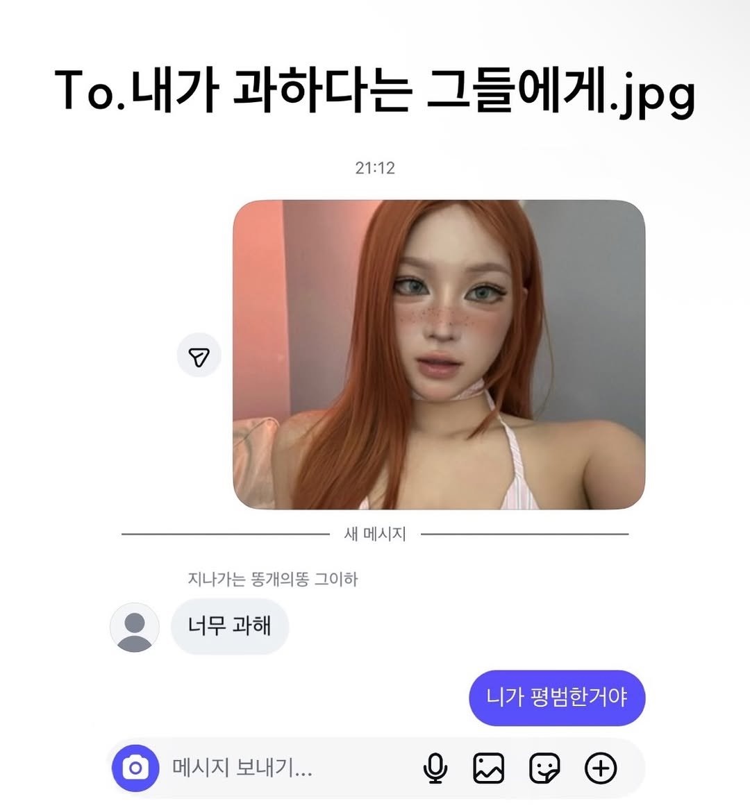 Photo by 콩현숙 in Space. May be an image of one or more people, hair and text that says 'To. 0.내가 과하다는 그들에게.jps jpg 21:12 21:12 새 메시지 지나가는 똥개의똥 그이하 너무 과해 니가 평범한거야 메시지 보내기...'.