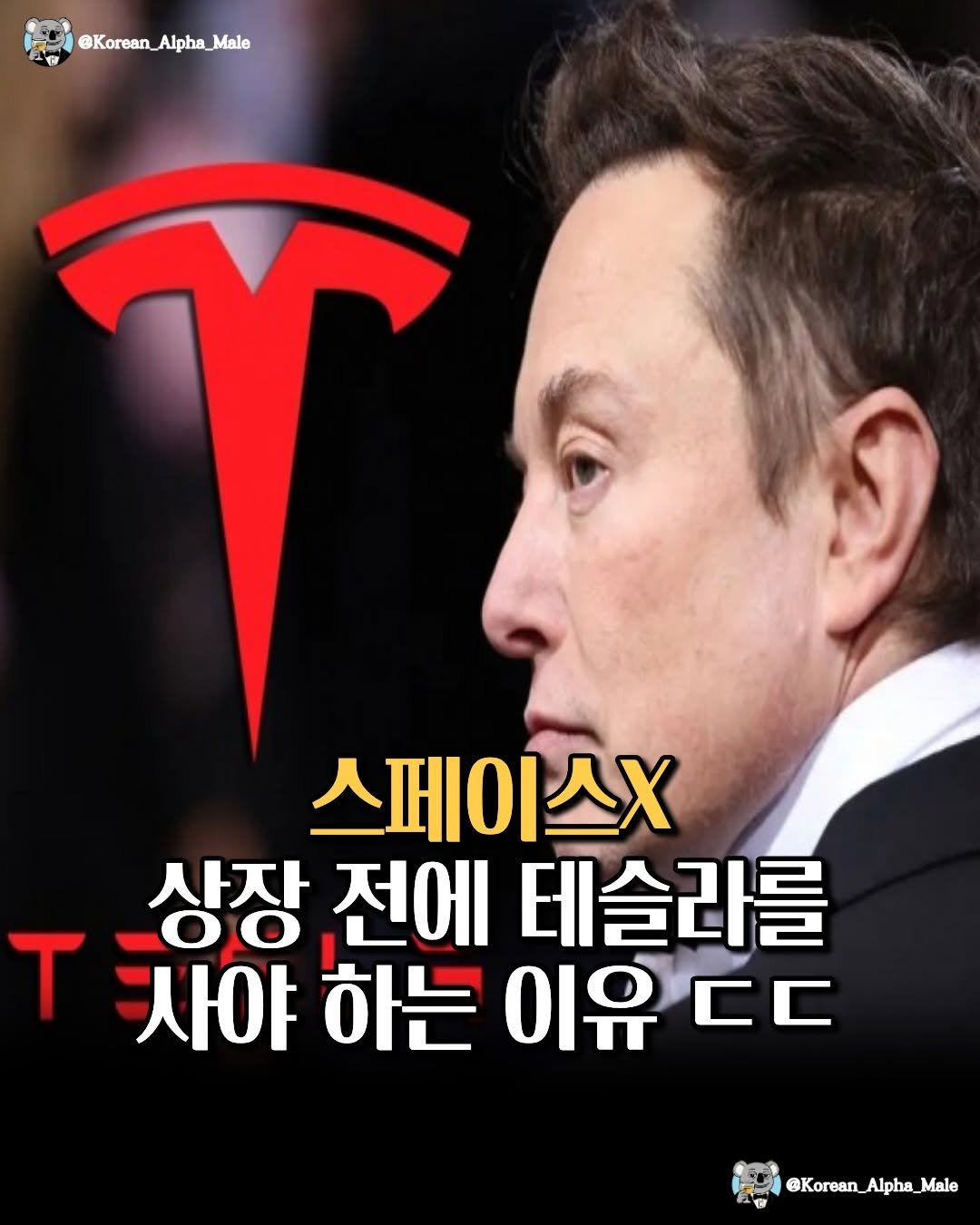 Photo by 코리안 알파메일 on April 28, 2026. May be an image of text that says '@Korean_Alpha_Male @Korean Alpha, Alpha_Male Male 스페이스X 상장 Οδ 전에 테슬라를 T 사야 하는 이유 CC た @Korean_Alpha_Male @Korean_A Alpha'.