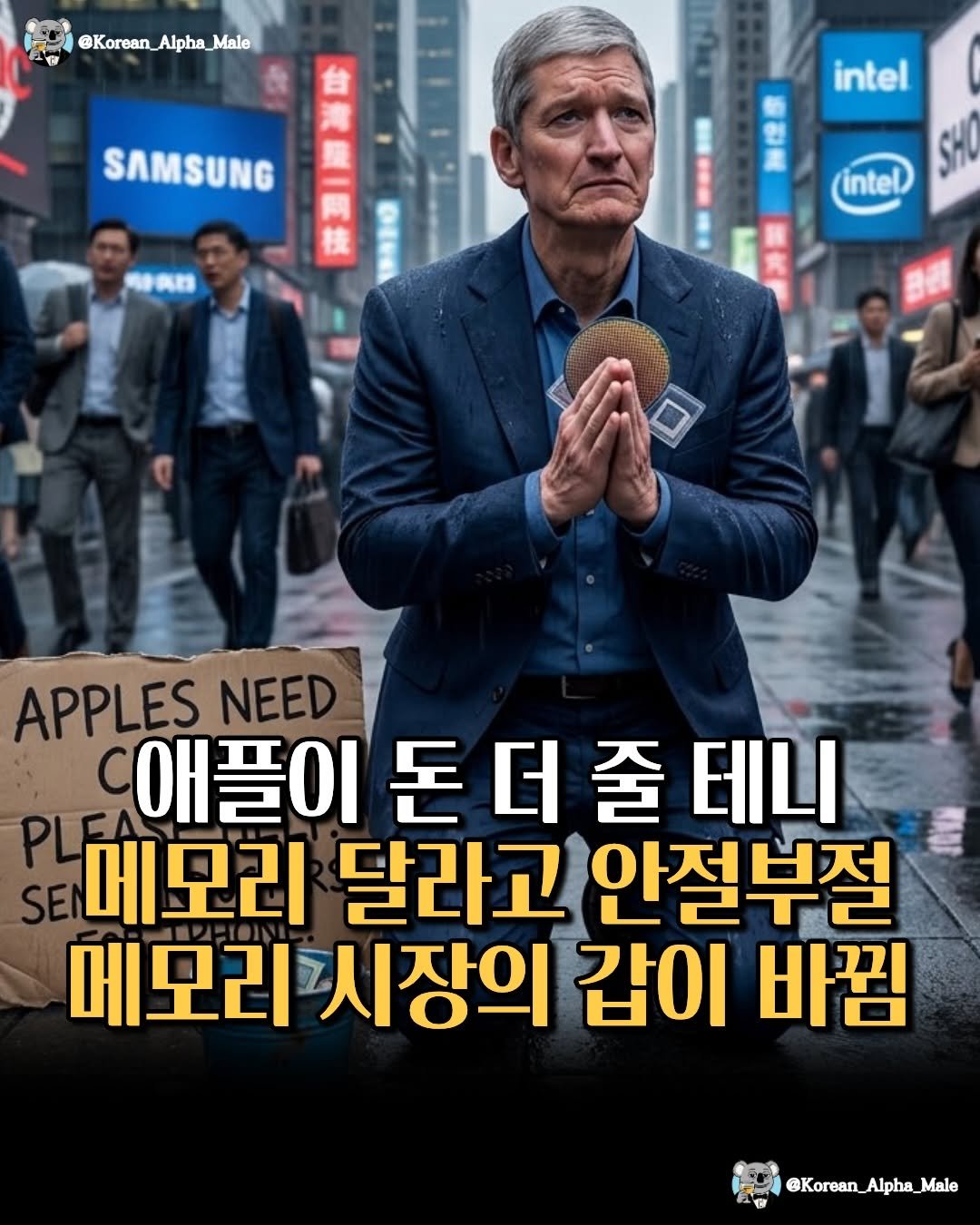 Photo by 코리안 알파메일 on April 27, 2026. May be an image of poster and text that says '@Korean_Alpha_Male @Korean_ Alpha Male 台 SAMSUNG คอตอ intel intel SHO APPLES APPLESNEED NEED 애플이 돈 돈더줄 더 줄 테니 메모리 달라고 안절부절 메모리 시장의 갑이 바낌 おも @Korean_Alpha_Male'.