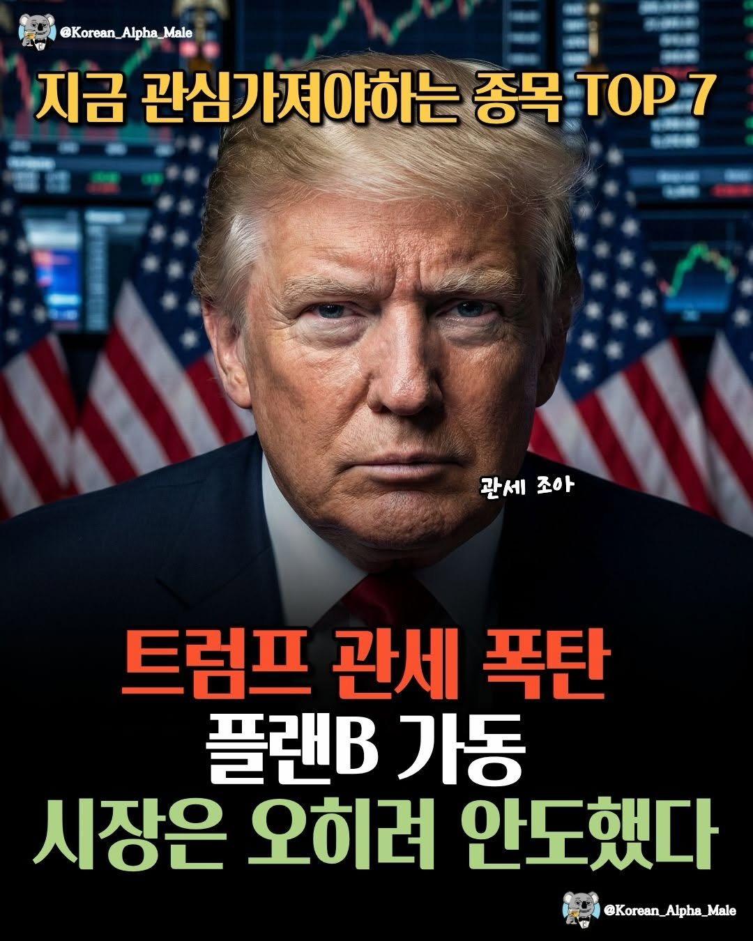 Photo by 코리안 알파메일 on February 22, 2026. May be an image of text that says '@Korean_Alpha_Male @Korean Alpha, Male 지금관심가져야하는쫑목T0p7 미어0주 SaO 지금 관심가져야하는 종목 종목.TP7 BacHи TOP7 IdE 관세 관세조아 조아 트럼프 관세 폭탄 플랜B 가동 시장은 오히려 안도했다 @Korean_Alpha_Male Alpha Male @Korean'.