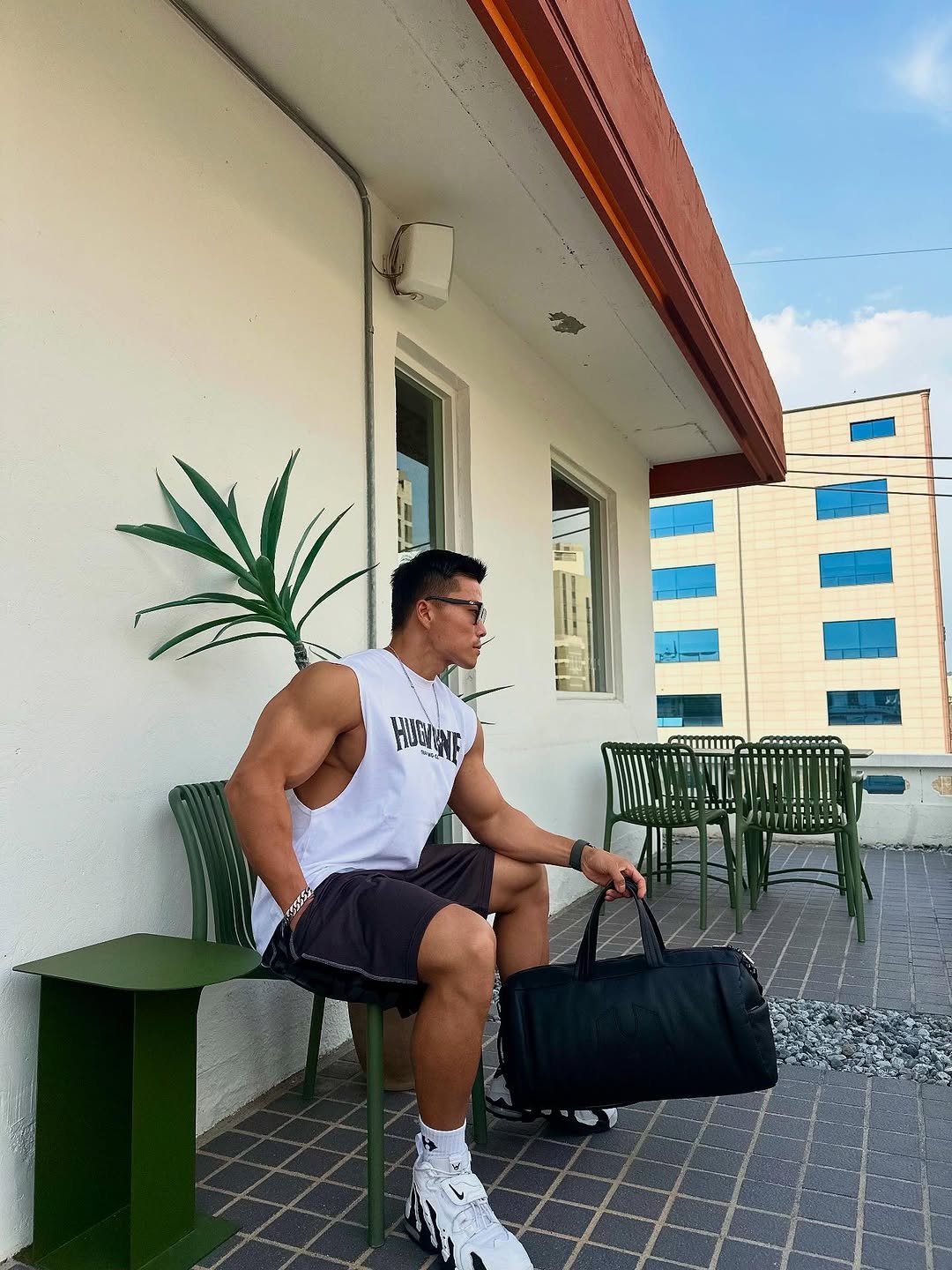Photo shared by 코리안헤라클레스 이용승🇰🇷 on August 08, 2025 tagging @hugvone_kr. May be an image of 1 person, biceps, body building, activewear, tanktop, sweatpants, sportswear, outdoors and text.