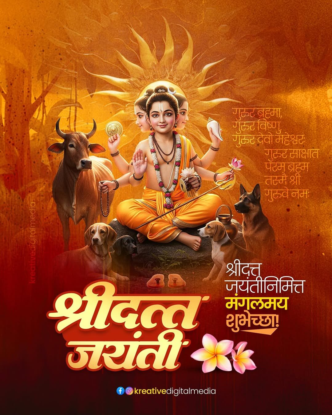 Photo shared by Kreative Digital Media on December 03, 2025 tagging @maharashtrache_graphic_designs, @maharashtra_design_99_, @mh_graphics_association, @maharashtragraphicshub, and @graphics_tadka. May be an image of poster, temple and text that says 'गरुर गुरुरब्रहमा, S ब्रहमा, गरुर गुरुरविष्णु विष्णु गुकर देवो गुरुटटेवोमहेश्वर महेश्वर गरुर साक्षात पॅटम ब्रहम तस्मै श्री गरवनमः नमः गुरुवे श्रीद्त्तू जयंतीनिमित्त मंगलमय शुभेच्छा! श्रीदत्त B2 जरंती f @kreativedigitalmedia'.