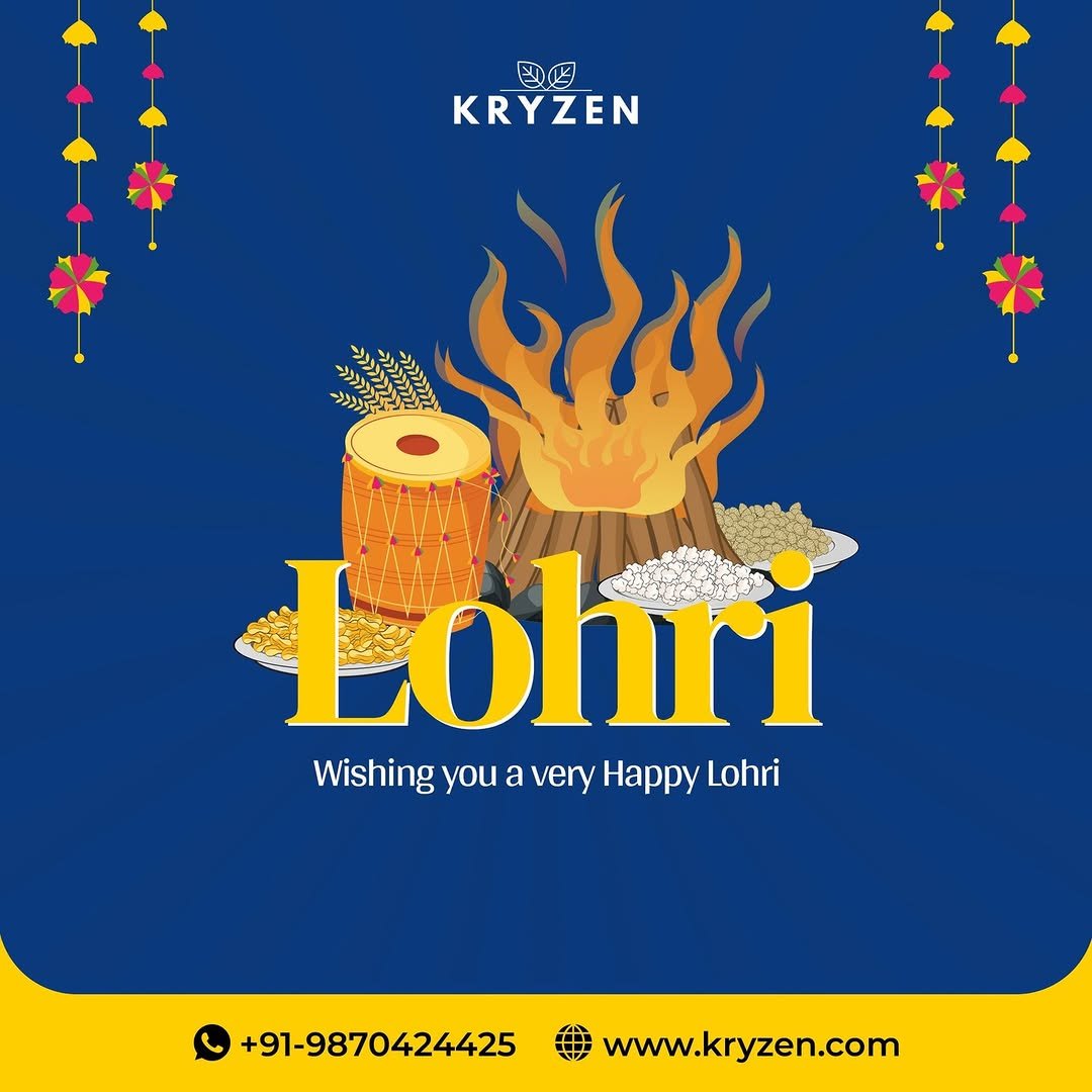 Photo by Kryzen Biotech on January 12, 2026. May be an image of fire, poster, bread, wafer and text that says '四円 KRYZEN ಶ Lohri Wishing you a very WishingyouaveryHappyLohri very Happy Lohri +91-9870424425 www.kryzen.com'.