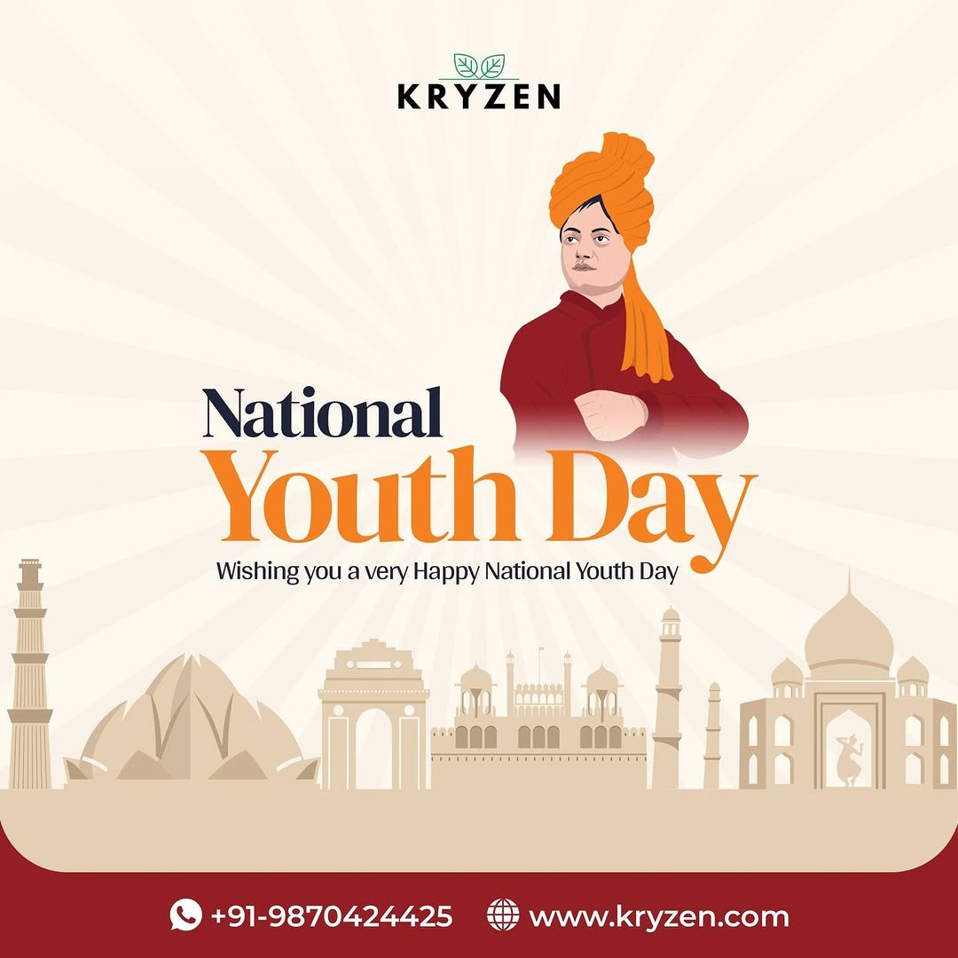 Photo by Kryzen Biotech on January 11, 2026. May be an image of poster and text that says '國码 KRYZEN National Youth Day Day Wishing you a very Happy National Youth +91-9870424425 www.kryzen.com'.