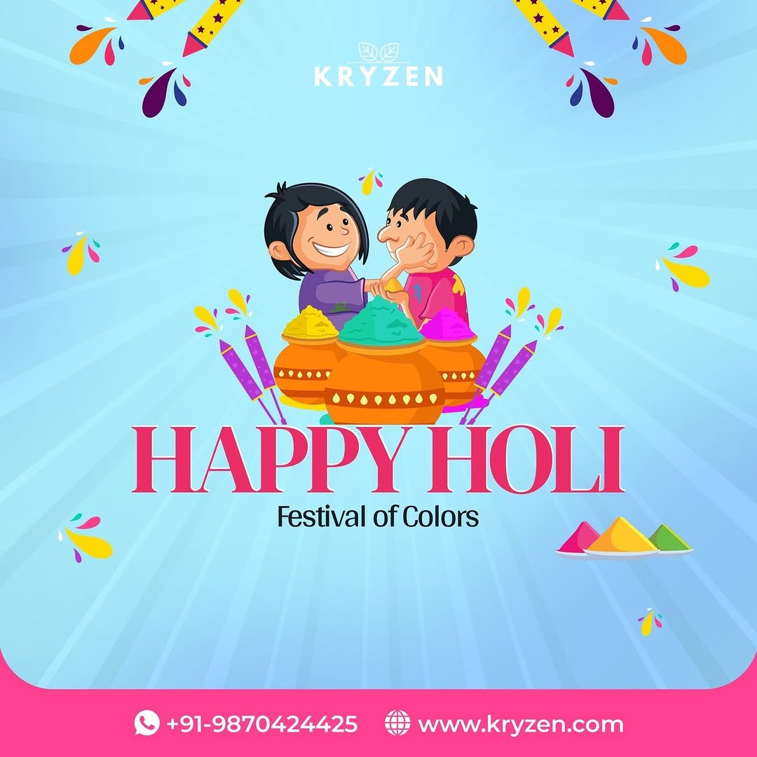 Photo by Kryzen Biotech on March 03, 2026. May be an image of card, poster and text that says '四円 KRYZEN HAPPY HAPPYHOLI HOLI Festival FestivalofColo of Colors +91-9870424425 www.kryzen.com'.