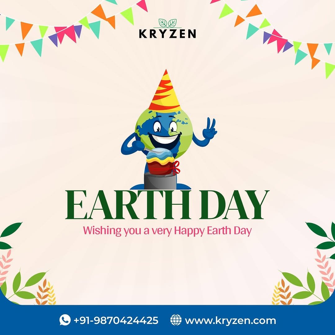 Photo by Kryzen Biotech on April 21, 2026. May be an image of plant and text that says '@០ 四円 KRYZEN ኢችችንም EARTH DAY Wishing you a very Happy Earth Day +91-9870424425 1-9870424 www.kryzen.com'.