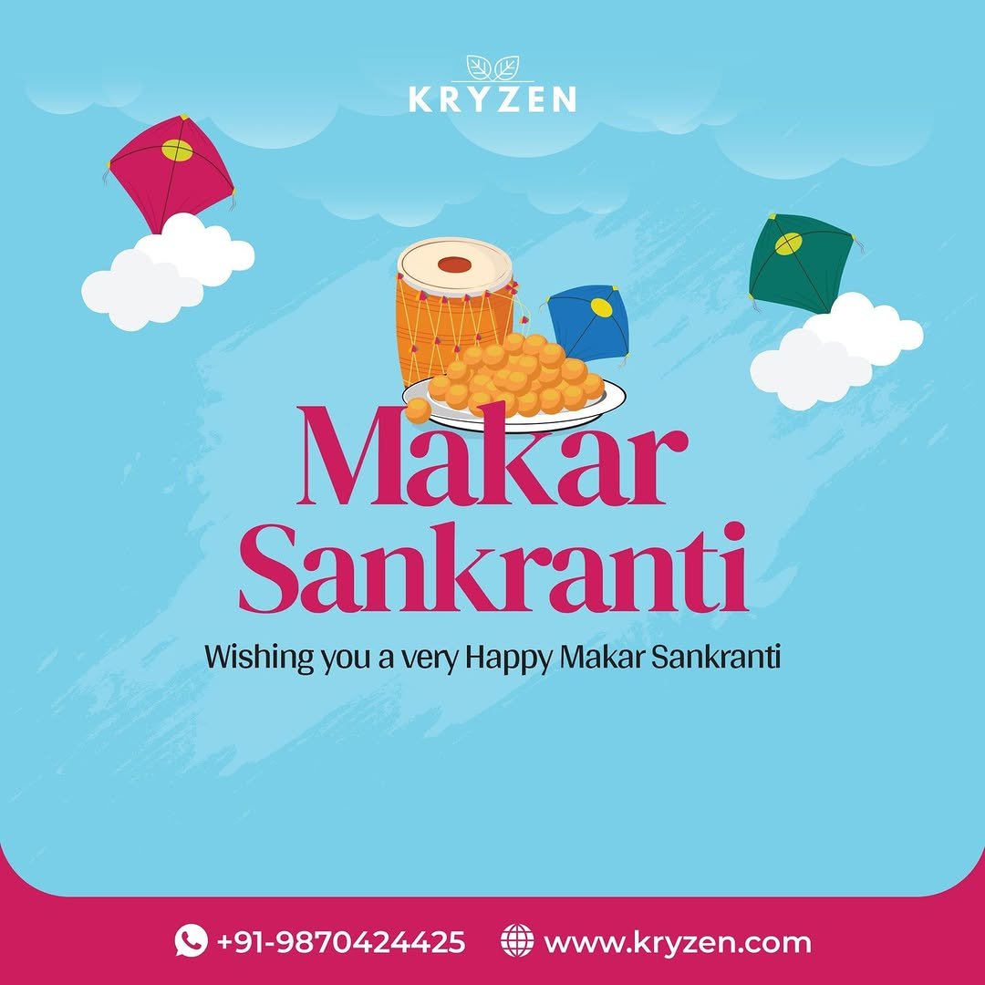 Photo by Kryzen Biotech on January 13, 2026. May be an image of poster, bread, wafer and text that says '109 KRYZEN Makar Sankranti Wishing you a very Happy Makar Sankranti +91-9870424425 www.kryzen.com'.