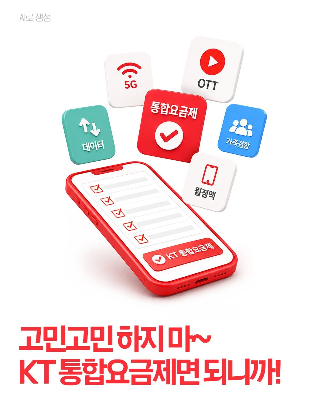 스마트폰 위로 통합요금제, 5G, OTT, 데이터, 가족결합, 월정액 등 다양한 혜택 아이콘이 떠 있는 3D 일러스트가 표현되어 있으며, 하단에는 ‘고민고민 하지 마~ KT 통합요금제면 되니까!’ 문구가 적혀있음.