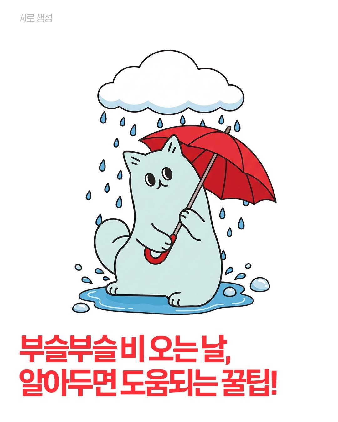 빨간 우산을 든 민트색 고양이 라온이가 비 오는 길을 걷고 있는 일러스트. 하단에는 ‘부슬부슬 비 오는 날, 알아두면 도움되는 꿀팁!’문구가 적혀있음.