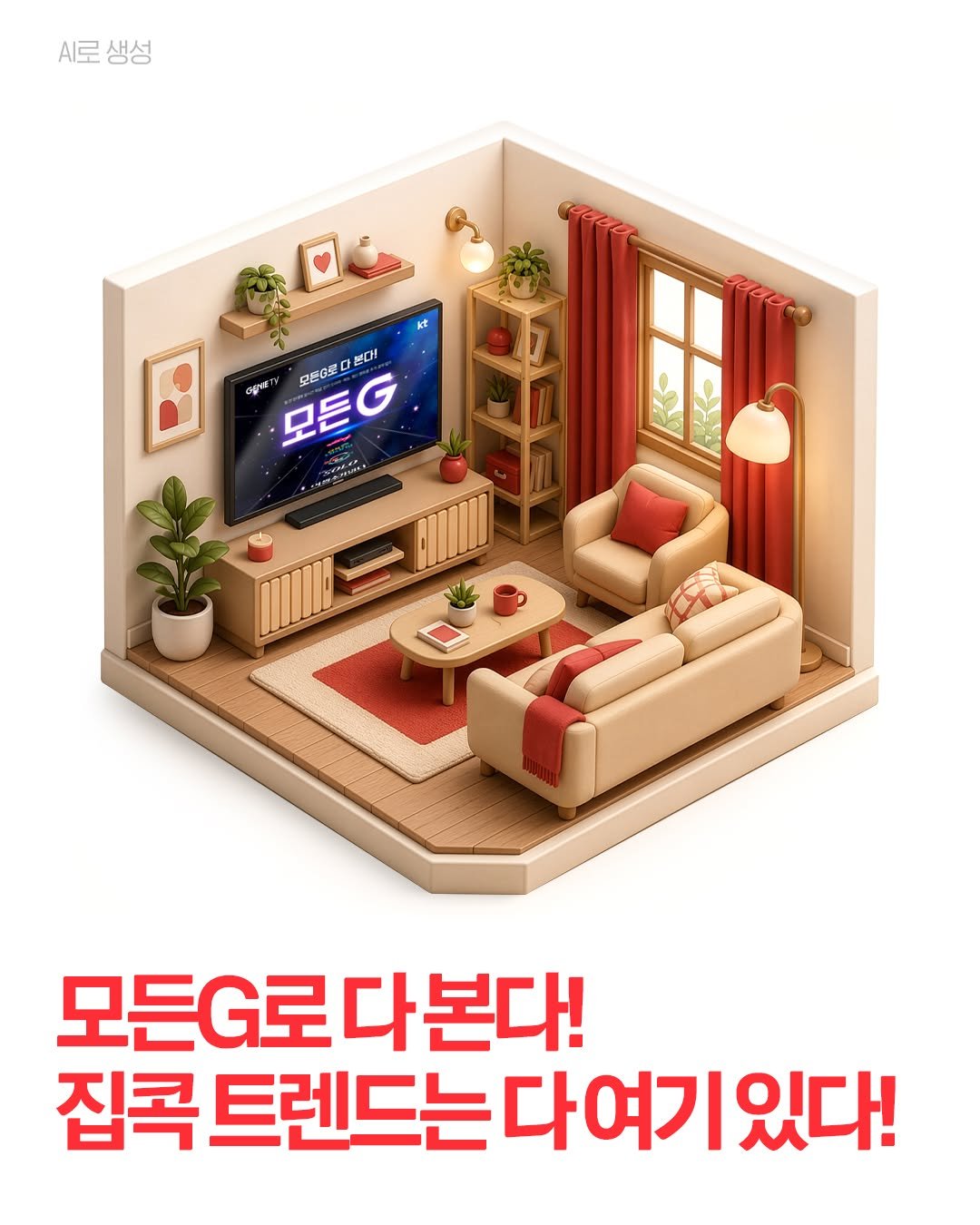 거실을 3D 일러스트로 표현한 이미지로, TV화면에는 지니 TV 모든G 서비스가 표시되어 있음. 소파와 테이블, 식물, 조명 등 아늑한 공간이 연출되어 있으며 하단에는 ‘모든G로 다 본다! 집콕 트렌드는 다 여기 있다!’라는 문구가 적혀 있음.