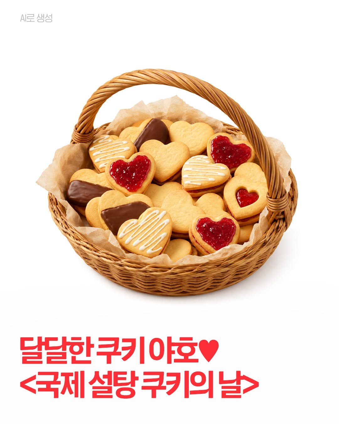 하트 모양으로 구운 설탕 쿠키가 바구니에 가득 담긴 3D 일러스트 이미지. 하단에는 ‘달달한 쿠키 야호 <국제 설탕 쿠키의 날>’ 문구가 적혀있음.