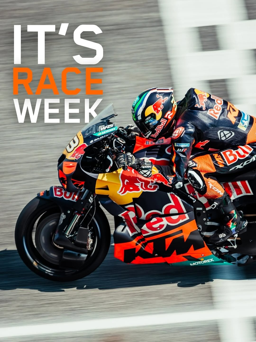 Photo shared by KTM Factory Racing on February 23, 2026 tagging @bradbinder, @motogp, and @ktm_official. May be an image of racing vehicles, motorcycle, helmet and text that says 'IT'S RACE WEEK Rea edBull သ Boл Bu 大の Wed দ 85 MOTOREX'.