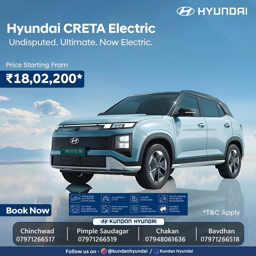 Photo by Kundan Hyundai on January 05, 2026. May be an image of sedan and text that says 'Hyundai CRETA Electric Undisputed. Ultimate. Now Electric. Price Starting From ₹18,02,200* 口0 MH03TC188 Book BookNow Now S1AKNN Vo Inideandouside hete Chinchwad 07971266517 BoKUNDAN HYUNDAI Pimple Saudagar 07971266519 *T&C *T&CApply Apply Follow on Chakan 07948061636 @kundanhyundai Bavdhan 07971266518 Kundan KundanHyundai Hyundai'.