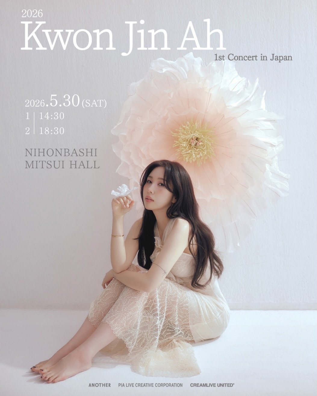 Photo shared by 권진아 Kwon Jin Ah on February 26, 2026 tagging @kwonhodoo. May be an image of one or more people, hair, poster, magazine and text that says '2026 Kwon Jin Ah 1stConcertinJapan 1st Concert in Japan 2026.5.30(SAT) 202 5.30 (SAT) 1 14:30 2 18:30 NIHONBASHI MITSUI HALL ANOTHER PIALIVECREATIVECORPORATION ALIVE CREATIVE CORPORATION CREAMLIVE CREAMLIVEUNITED UNITED*'.
