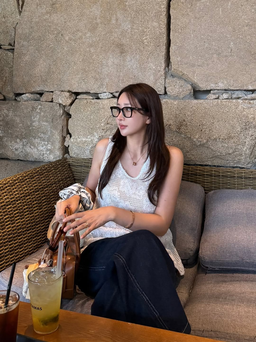 Photo by 권슈나 on September 18, 2025. May be an image of 1 person, eyewear, juice and text.