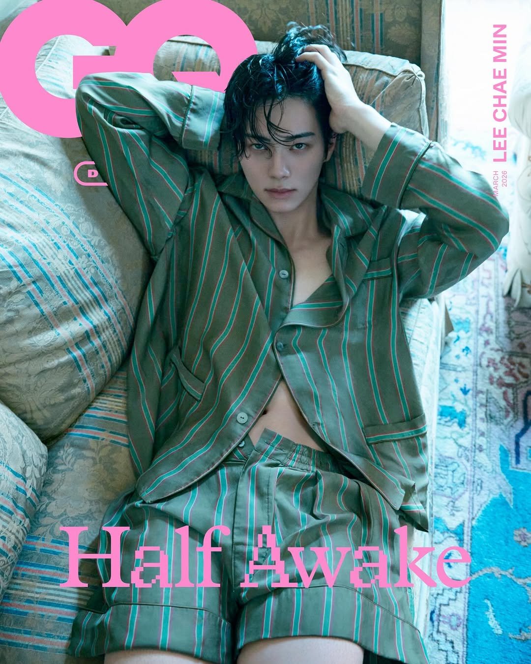 Photo shared by GQ KOREA on February 09, 2026 tagging @ysl, @anthonyvaccarello, and @l.c.m____. May be an image of ‎sleepwear, magazine, poster and ‎text that says '‎ز MIN CHAE LEE KARCH GCO 2026 20u 9207 HalfAwake Half Awake‎'‎‎.