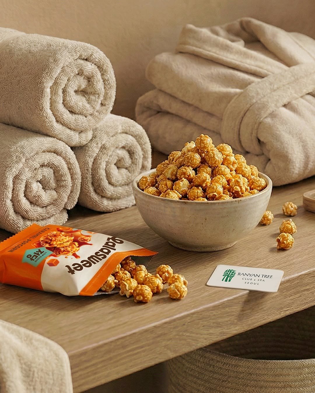 Photo by 라라스윗 on January 09, 2026. May be an image of sink, towel, towel rack, popcorn and text.