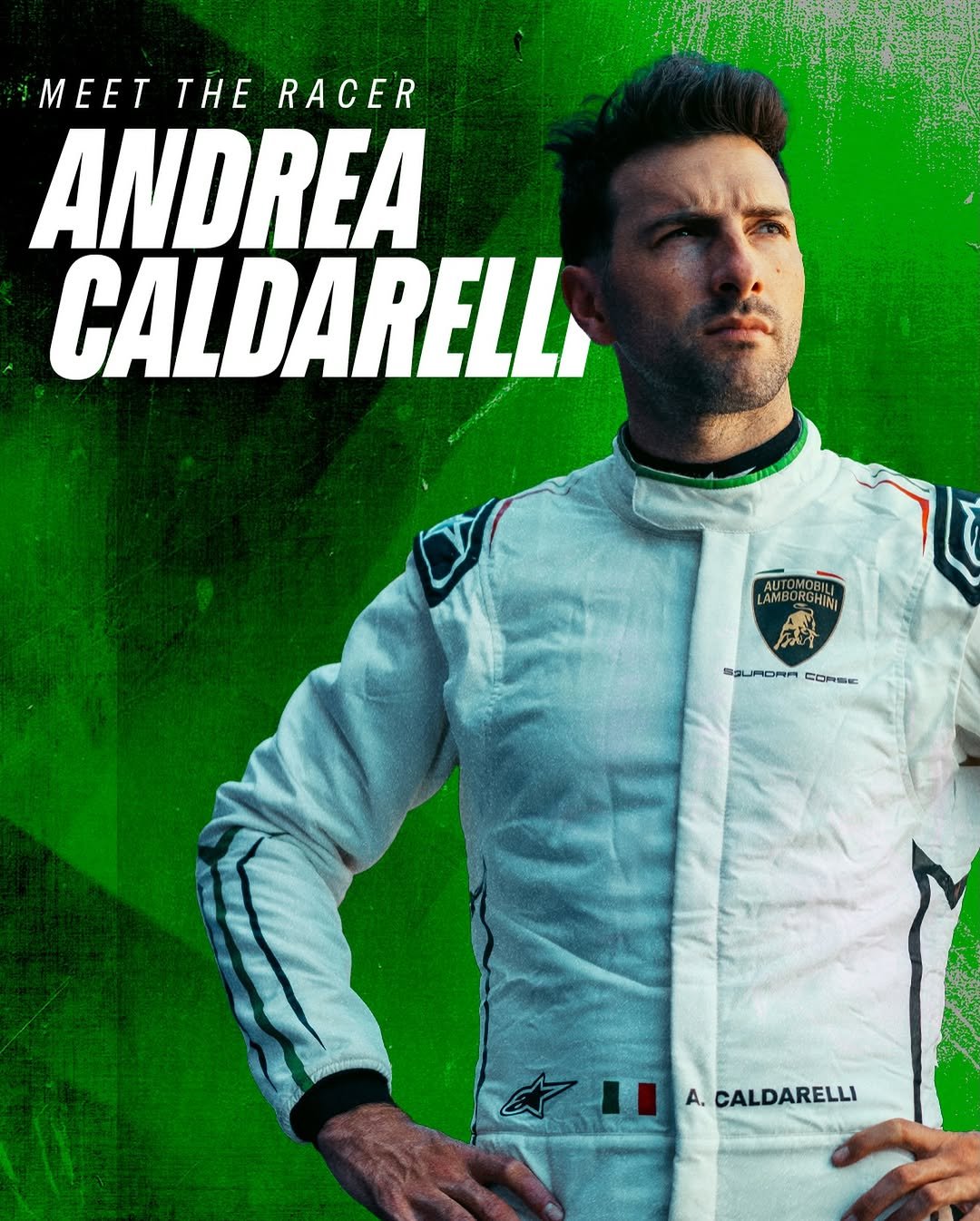 Photo shared by Lamborghini Squadra Corse on December 22, 2025 tagging @andreacalda. May be an image of racing vehicles, race car, poster and text.