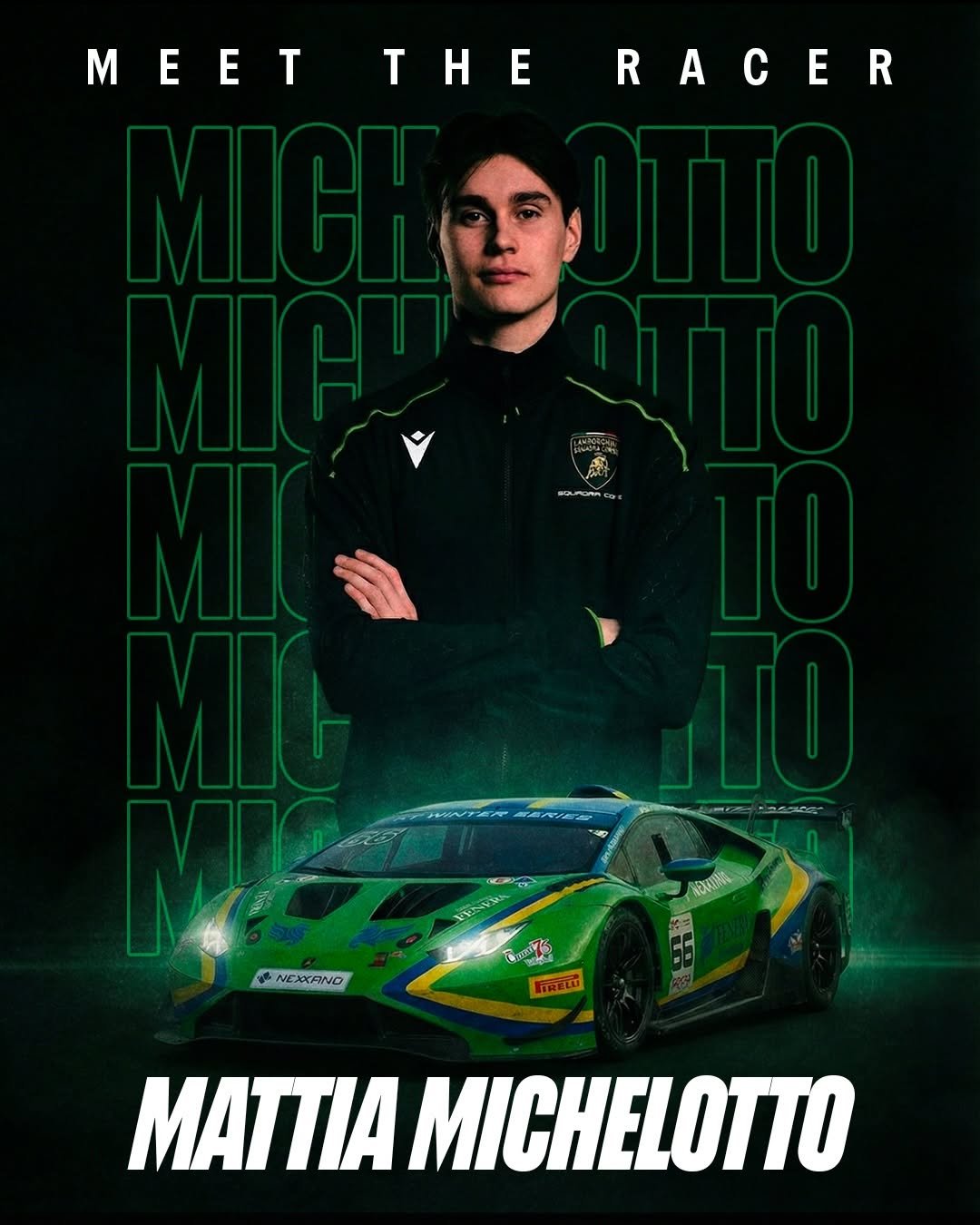 Photo shared by Lamborghini Squadra Corse on April 16, 2026 tagging @mattia.michelotto. May be an image of racing vehicles, poster, race car and text that says 'MEET E THE RACER NEXXAND KxH 開 力 ករឃយី MATTIA MICHELOTTO'.