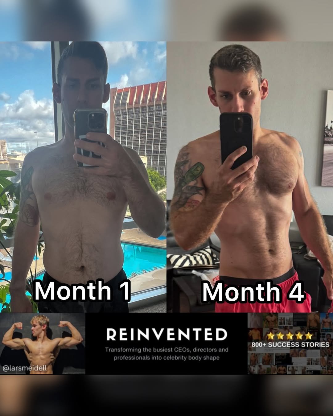 Photo by Lars Meidell | Executive Body Transformation on February 18, 2026. May be an image of one or more people, biceps, people bodybuilding and text that says 'Month 1 Month 4 Il VISWN @lar @larsmeidell sm eidell REINVENTED 800+SUCCESSSTORIES 800+ SUCCESS STORIES'.