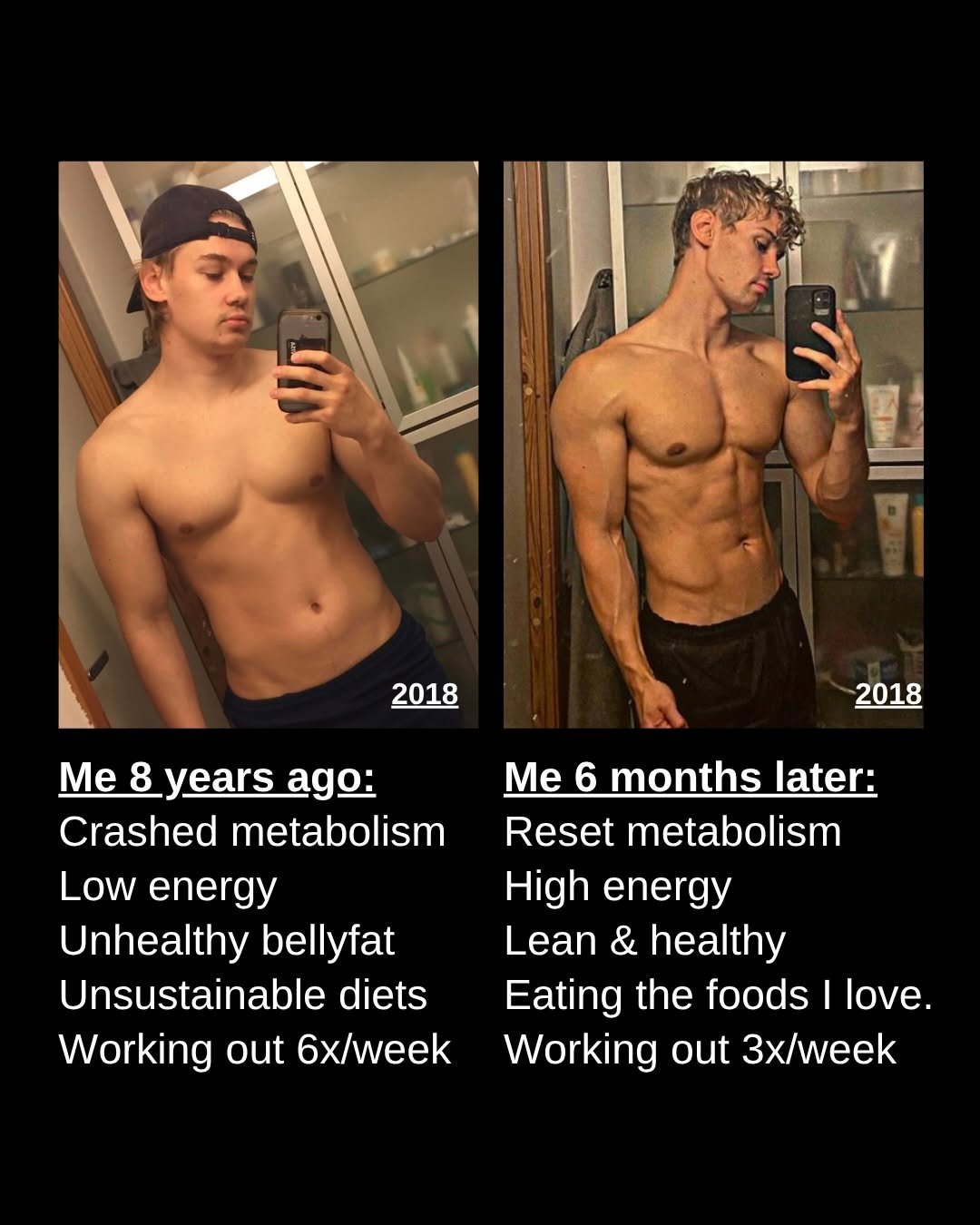 Photo by Lars Meidell | Metabolic Reset Coach on April 27, 2026. May be an image of one or more people, biceps, people bodybuilding and text that says '2018 2018 Me 8 years : Crashed metabolism Low energy Unhealthy bellyfat Unsustainable diets Workino out 6x/week Me 6 months later: Reset metabolism High energy Lean & healthy Eating the foods I love. Working out 3x/week'.