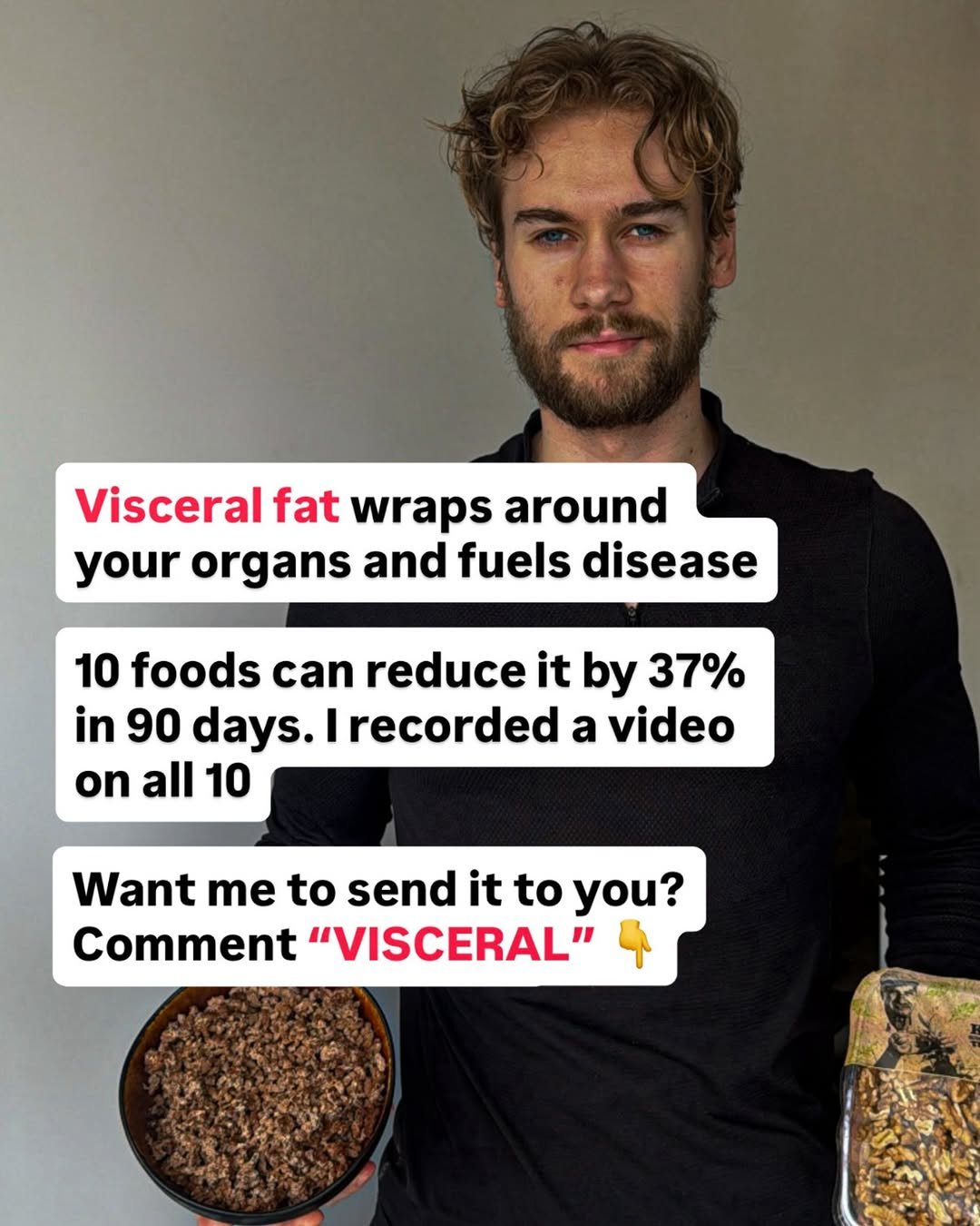 Photo by Lars Meidell | Executive Body Transformation on February 19, 2026. May be a meme of text that says 'Visceral fat wraps around your organs and fuels disease 10 foods can reduce it 37% in 90 days. recorded a video on all 10 Want me to send it to you? Comment "VISCERAL"'.