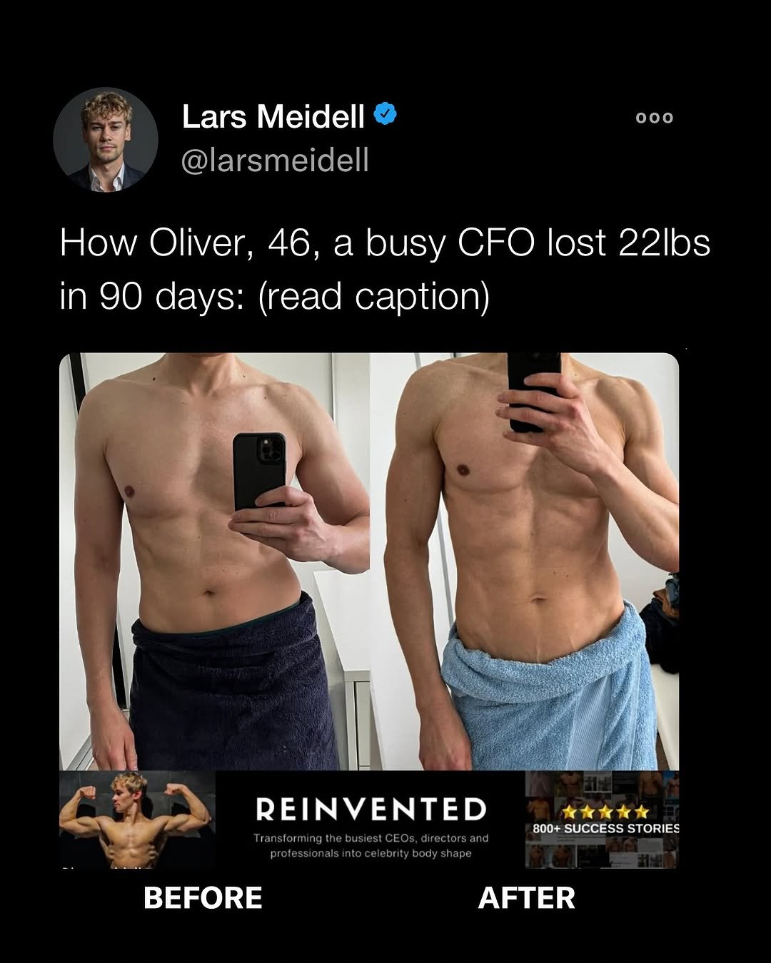Photo by Lars Meidell | #1 Fitness Coach For Busy Men on September 24, 2025. May be a Twitter screenshot of 4 people, biceps, people bodybuilding and text that says 'Lars Meidell larsmeidell ooo How Oliver 46, a busy in 90 days: (read caption) lost 22lbs REINVENTED 女文女 800+ SUCCESS 800+SUCCESSSTORIES STORIES prolesioasitocioiolos BEFORE AFTER'.