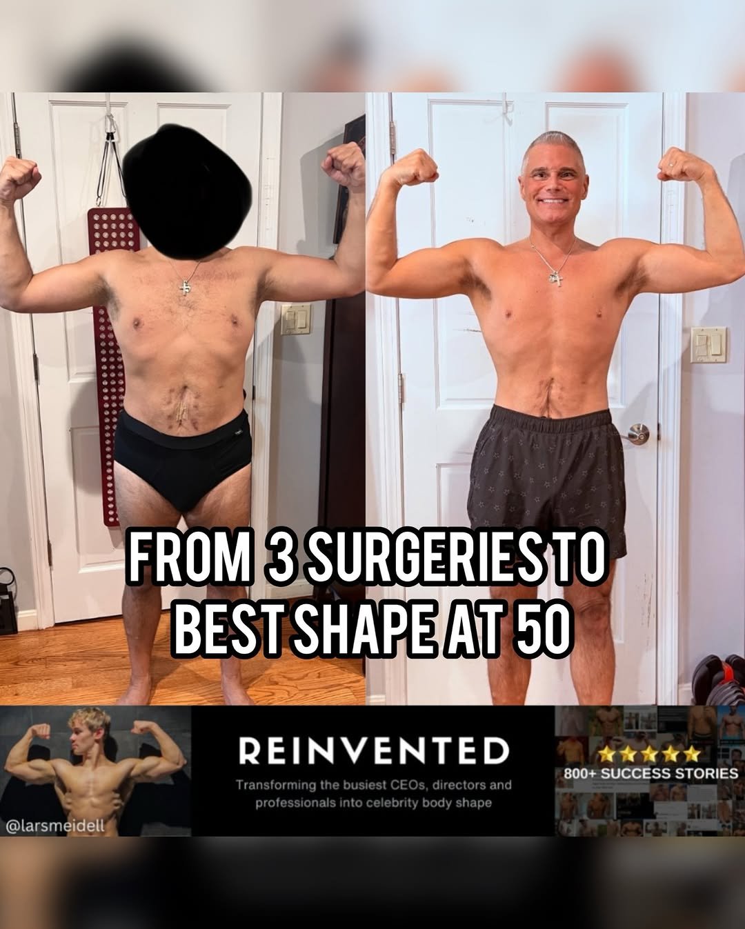 Photo by Lars Meidell | Executive Body Transformation on January 08, 2026. May be an image of one or more people, biceps, people bodybuilding, people standing and text that says 'FROM 3 SURGERIESTO BEST SHAPE AT 50 いう @larsmeideli eideli REINVENTED 文文 800+SUCCESSSTORIES 800+ SUCCESS STORIES'.