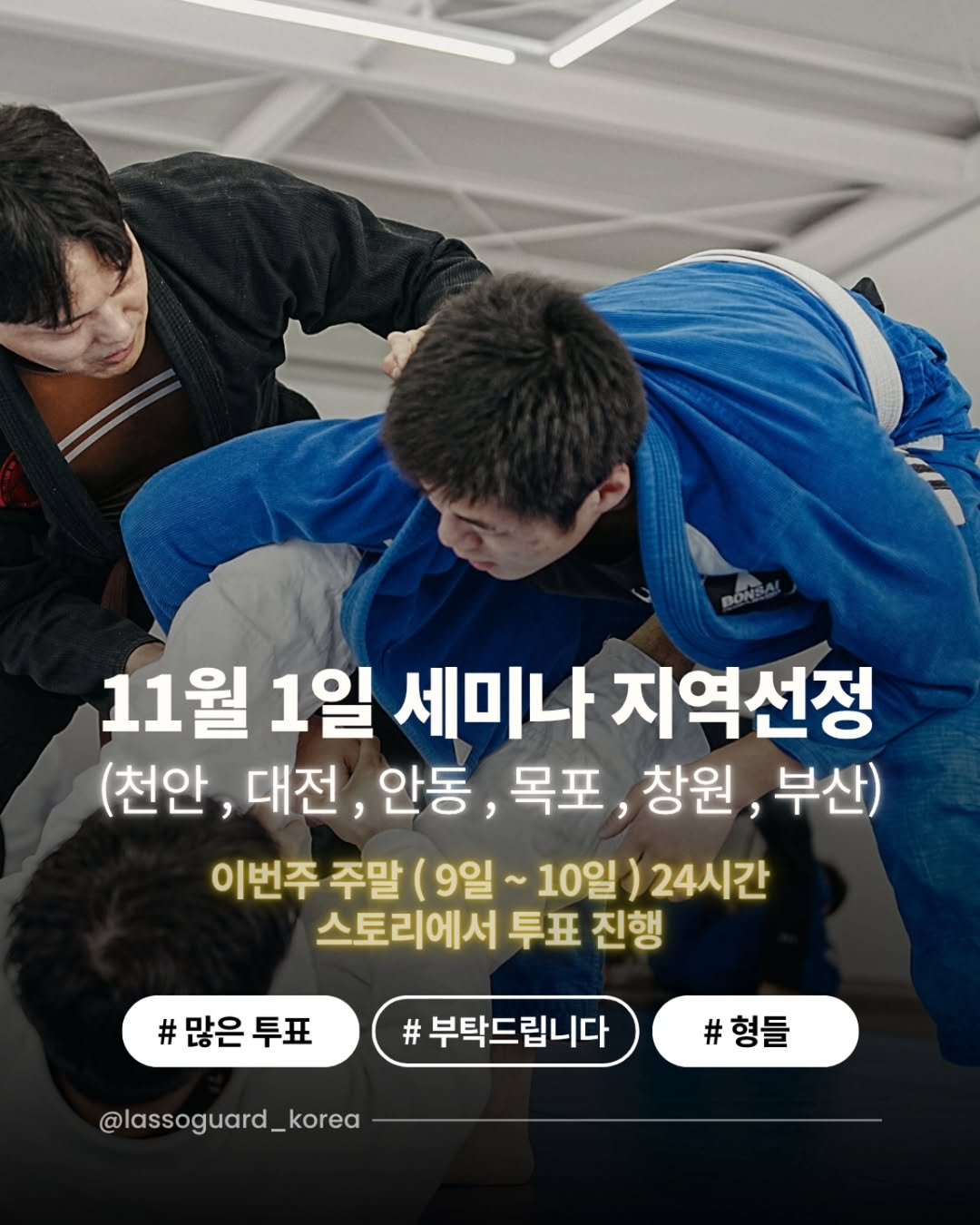 Photo shared by 대한라쏘가드협회 on August 07, 2025 tagging @ratel_gwacheon. May be an image of 2 people and text that says '11월 1일 세미나 지역선정 (천안, 대전, 안동, 목포, 창원, 부산) 이번주 주말 (9일~ ~10일) 24시간 스토리에서 투표 진행 #많은투표 투표 부탁드립니다 #형들 @lassoguard_korea'.