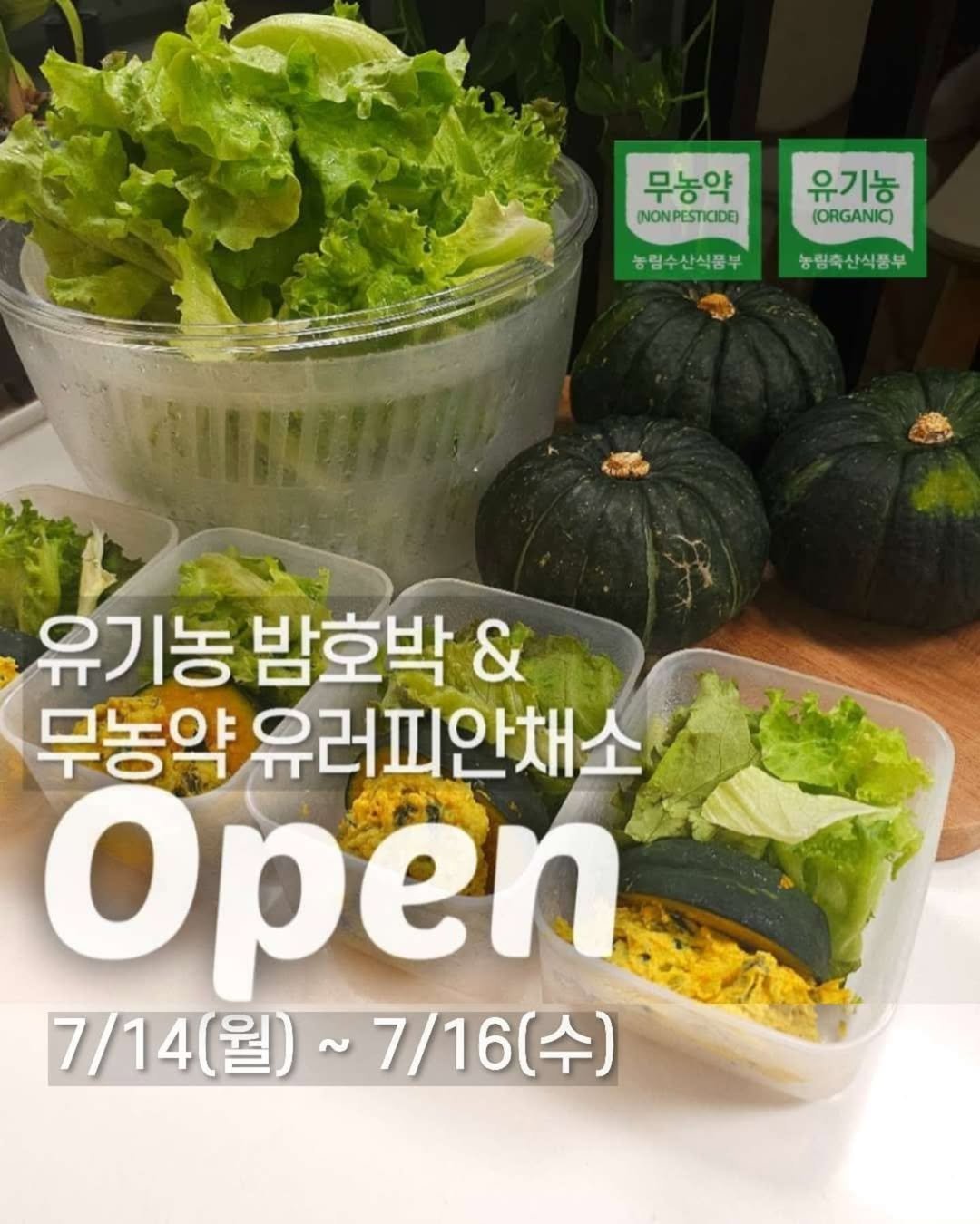Photo by 라썸 | 15년차 건강 식비절약러💖 on July 13, 2025. May be an image of tofu, vegetable and text that says '무농약 유기농 INONPESTICIDE) (ORGANIC) 농림수산식핑부농협축산식품부 농림수산식품부 농림축산식품부 CA 유기농 밤호박 & 무농약 유러피안채소 Open 7/14(월)~7/16(수) 7/14(월) 7/16 7/16(수) (수)'.