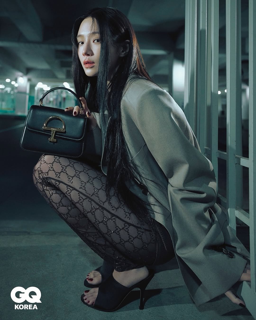 Photo shared by 박규영 on November 16, 2025 tagging @gucci, and @gq_korea. May be an image of one or more people, makeup, magazine, purse, blazer, fishnet stockings and text that says 'G GQ KOREA'.