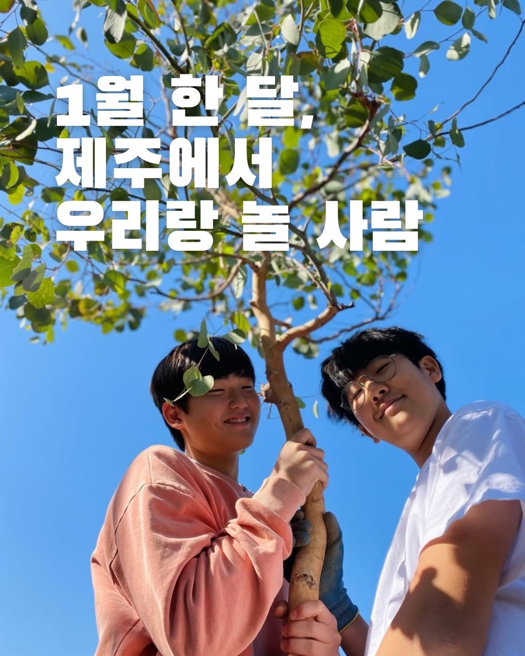 Photo shared by 레이지마마 이연희 on December 29, 2025 tagging @lazymama_jeju. May be an image of one or more people, tree, outdoors and text that says '1월한달. 1월 한달. 제주에서 제주 서 우리랑놀사람 볼 우리랑 사람'.