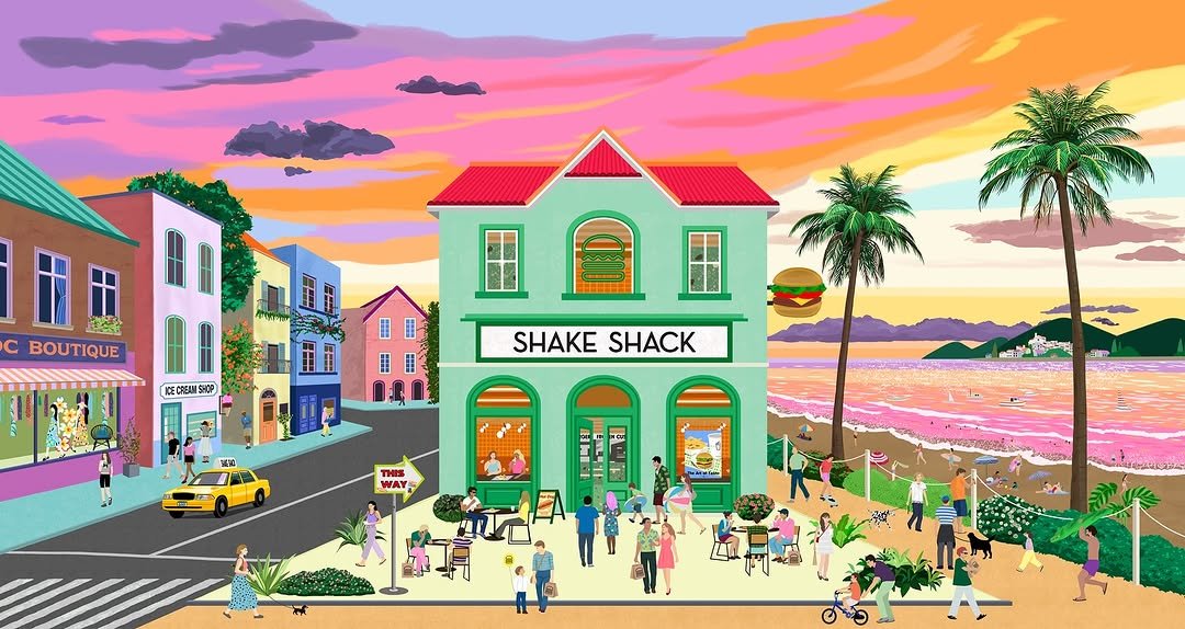 Photo shared by 리곡 on October 02, 2025 tagging @shakeshackkr. May be an illustration of 1 person, poster, palm trees and text that says 'c BOUTIQUE ECRBAMSMOP 137) SHAKE SHACK m THES WAY'.