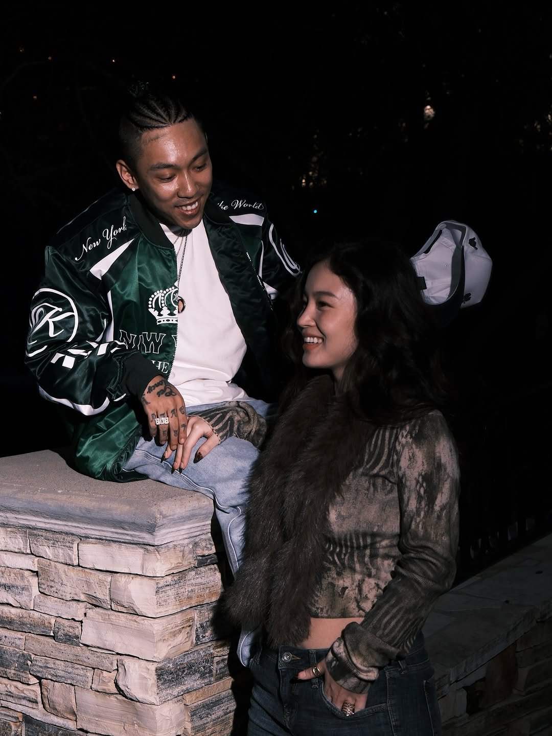 Photo shared by Lee HI on March 28, 2026 tagging @dok2gonzo. May be an image of one or more people, people smiling, fur coat, parka, flight jacket, night and text.