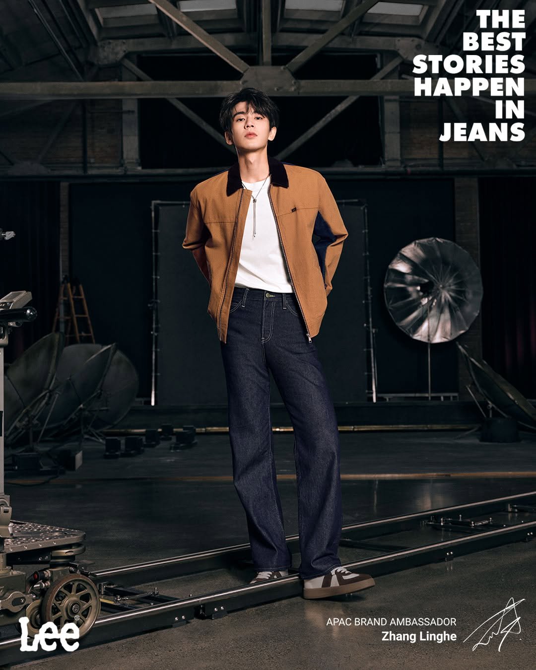Photo shared by Lee Jeans KOREA on September 07, 2025 tagging @zhanglinghe__1230. May be an image of 1 person, poster, magazine and text that says 'THE BEST STORIES HAPPEN IN JEANS Lee APAC APACBRANDAMBASSADOR APACBRAND BRAND AMBASSADOR Zhang Linghe'.