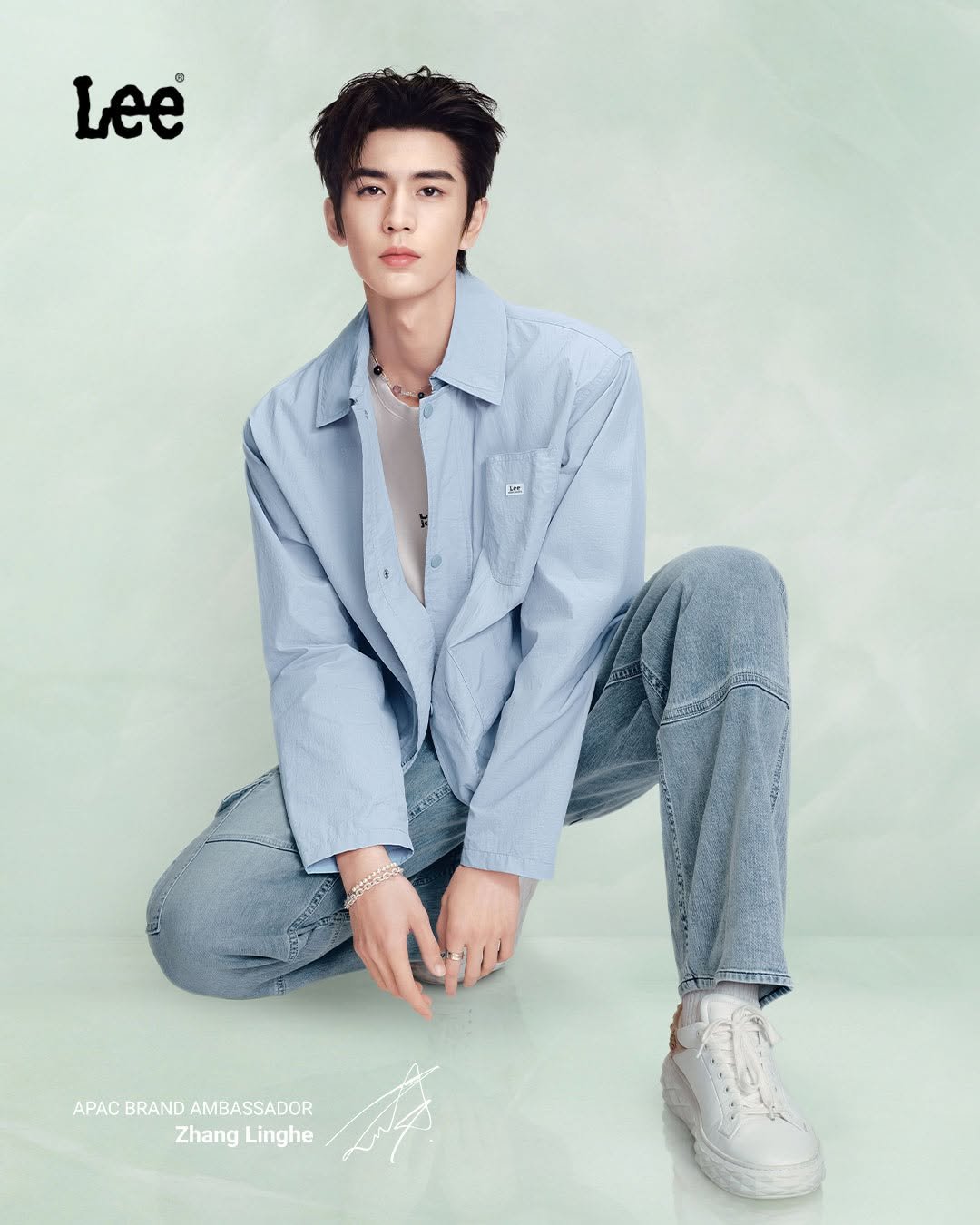 Photo shared by Lee Jeans KOREA on April 27, 2026 tagging @zhanglinghe__1230. May be an image of poster, magazine and text that says 'Lee LE APAC PACBRANDAMBASSADOR BRAND AMBASSADOR Zhang ZhangLinghe Linghe'.
