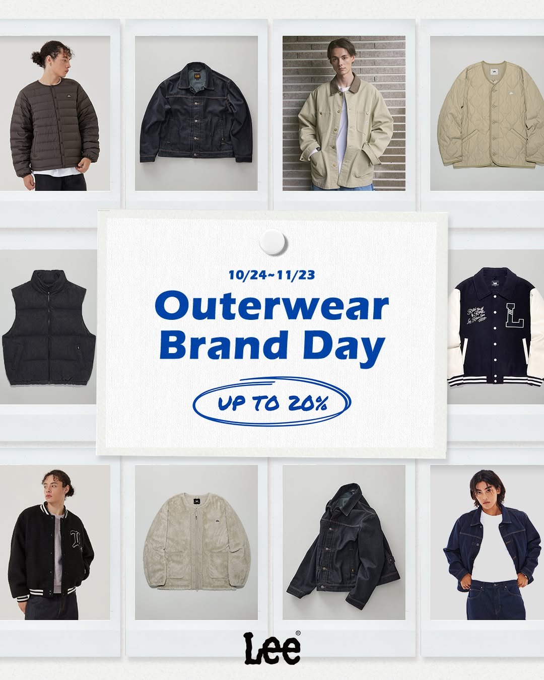 Photo by Lee Jeans KOREA on October 23, 2025. May be an image of duffle coat, goosedown coat, fleece, jacket, parka and text that says '10/24-11/23 Outerwear Brand Day ២ UPT020% UP to 20% Lee'.