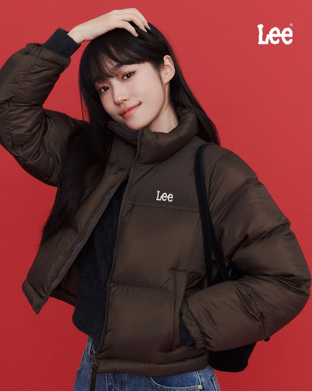 Photo shared by Lee Jeans KOREA on October 22, 2025 tagging @rohyoonseo. May be an image of duffle coat, goosedown coat, parka, jacket and text that says 'Lee Lee Lee'.
