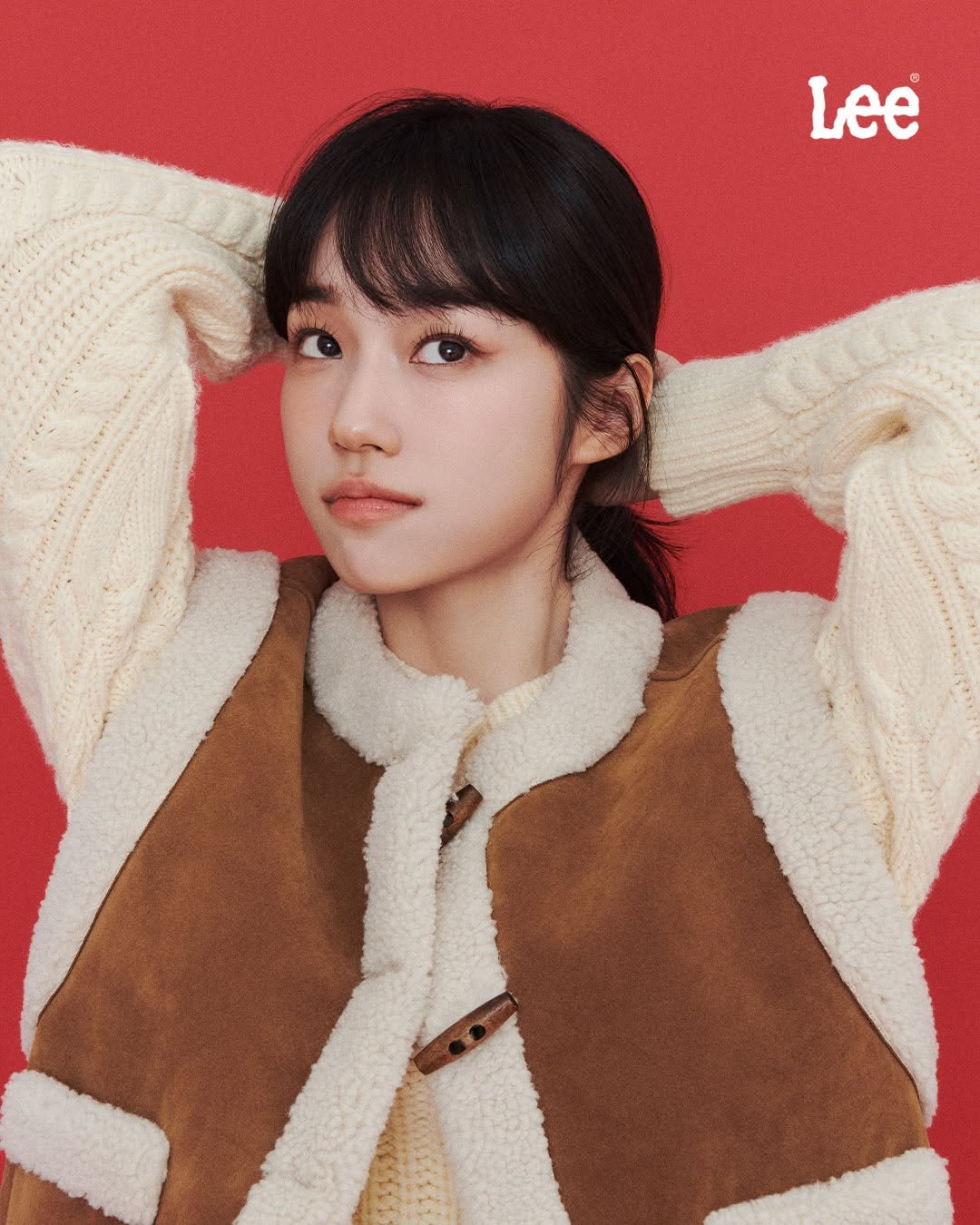 Photo shared by Lee Jeans KOREA on October 23, 2025 tagging @rohyoonseo. May be an image of one or more people, hair, duffle coat, poster, parka and text.