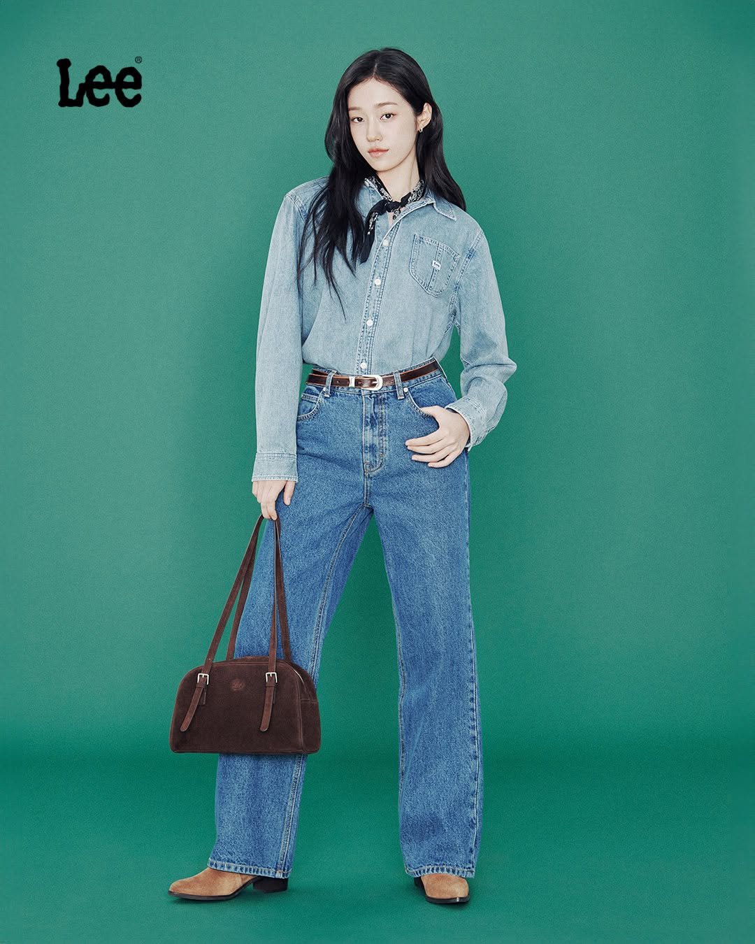 Photo shared by Lee Jeans KOREA on August 27, 2025 tagging @rohyoonseo. May be an image of 1 person, purse, belt and text.