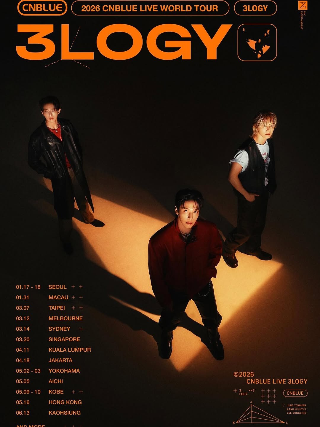 Photo by 이정신 on November 13, 2025. May be an image of poster, magazine and text that says 'CNBLUE 2026 CNBLUE LIVE WORLD TOUR 3LOGY 3LOGY 26 01.17- 18 SEOUL 01.31 MACAU 03.07 TAIPEI 03.12 03.14 MELBOURNE SYDNEY 03.20 SINGAPORE 04.11 04.18 KUALAL KUALALUMPUR LUMPUR JAKARTA 05.02-03 05.02 05.05 YOKOHAMA AICHI 05.09- 10 KOBE 05.16 06.13 HONG HONGKONG KONG KAOHSIUNG ©2026 CNBLUELIVE3LOGY CNBLUE LIVE 3LOGY LOSY CNBLUE JANESSUNA'.