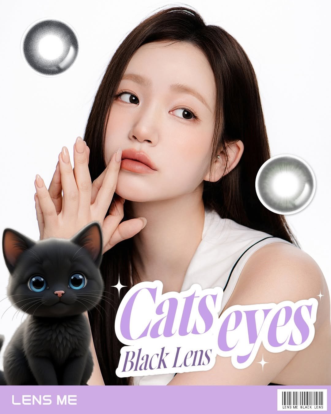 Photo by 렌즈미 LENSME Official on November 30, 2025. May be an image of text that says 'LENS LENSME ME ME Cats Black Lens CalSoyes eycs LACK LENS'.