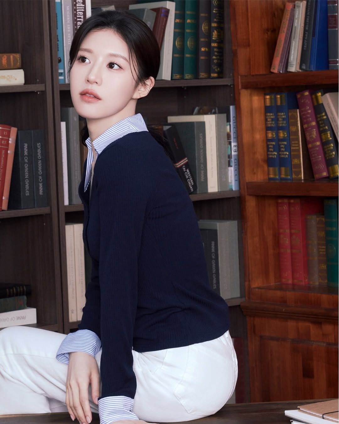 Photo shared by 렌즈미 LENSME Official on November 02, 2025 tagging @goyounjung. May be an image of one or more people, makeup, hair, turtleneck, blazer and text.