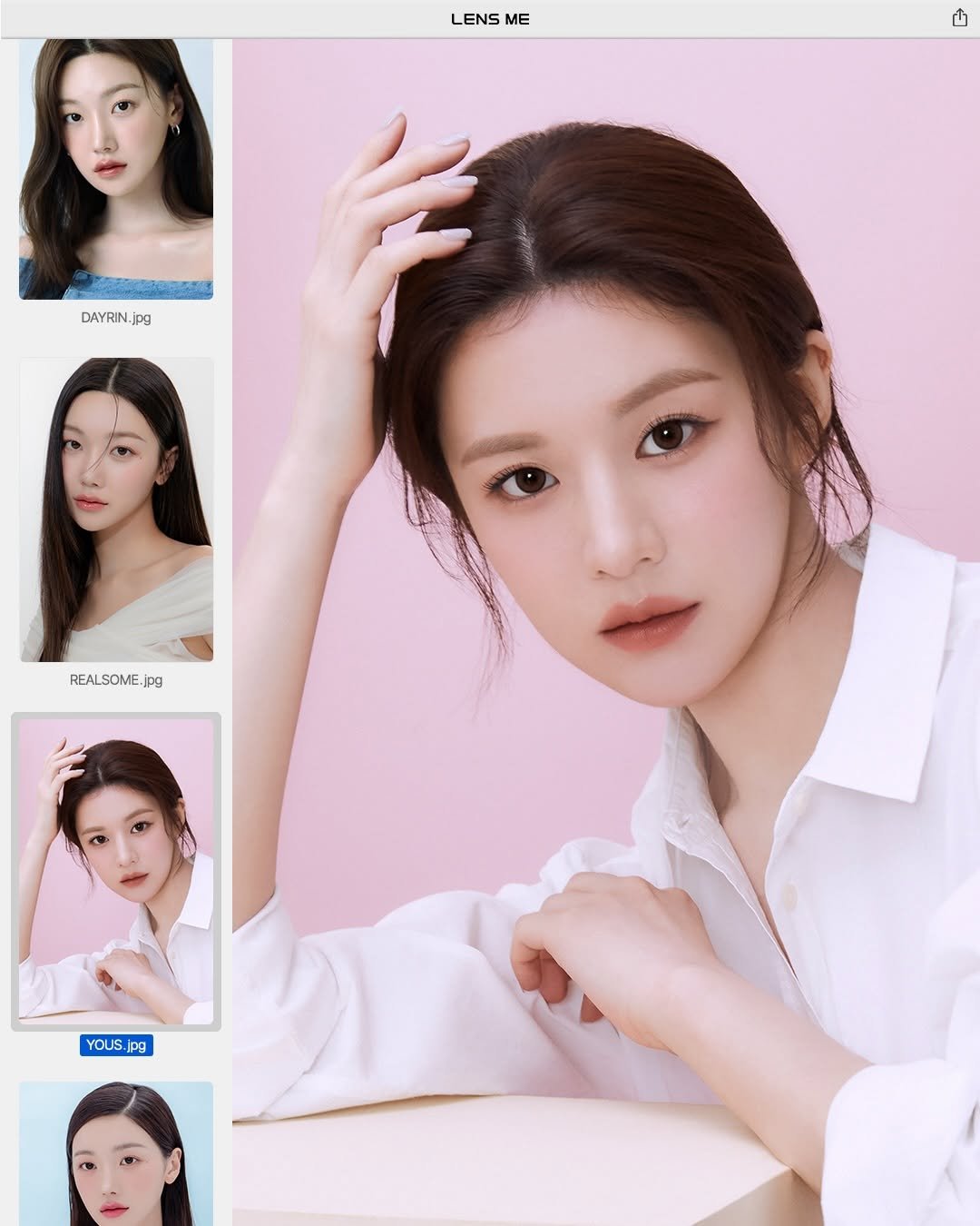 Photo by 렌즈미 LENSME Official on February 18, 2026. May be an image of one or more people, hair, poster and text that says 'LENSME LENS ΜΕ DAYRIN.jp jpg REALSOME REALSOME.jpg jpg YOU YOUS.jpg ipg'.